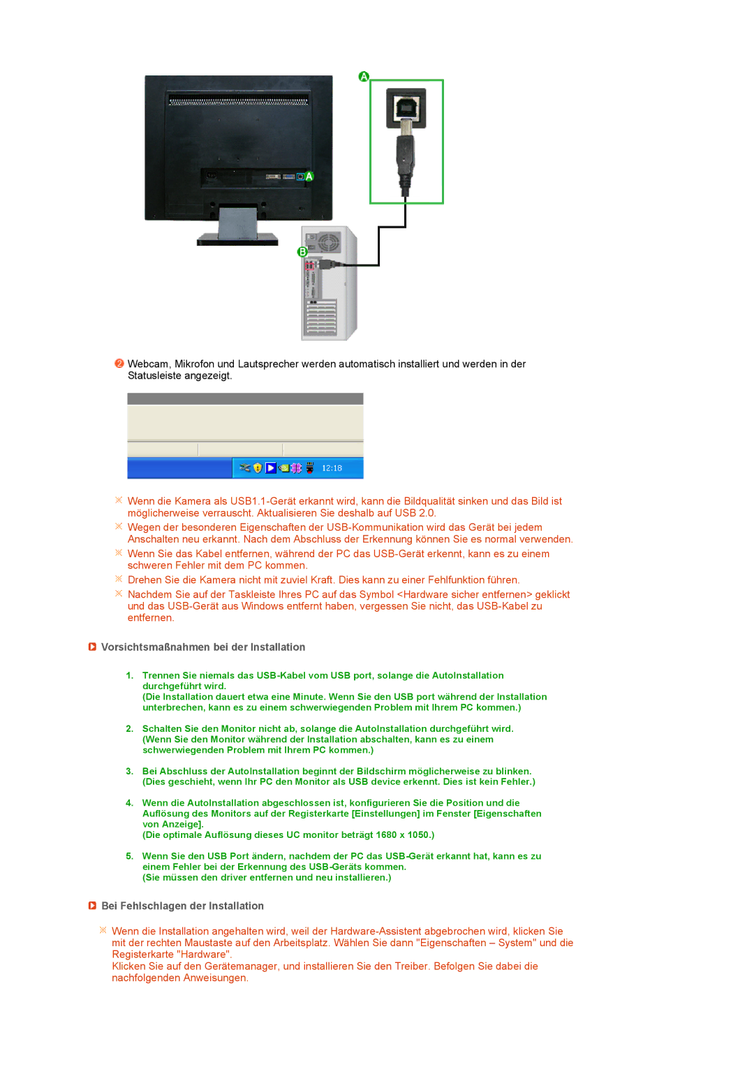 Samsung LS22UCWSFV/EDC manual Vorsichtsmaßnahmen bei der Installation, Bei Fehlschlagen der Installation 