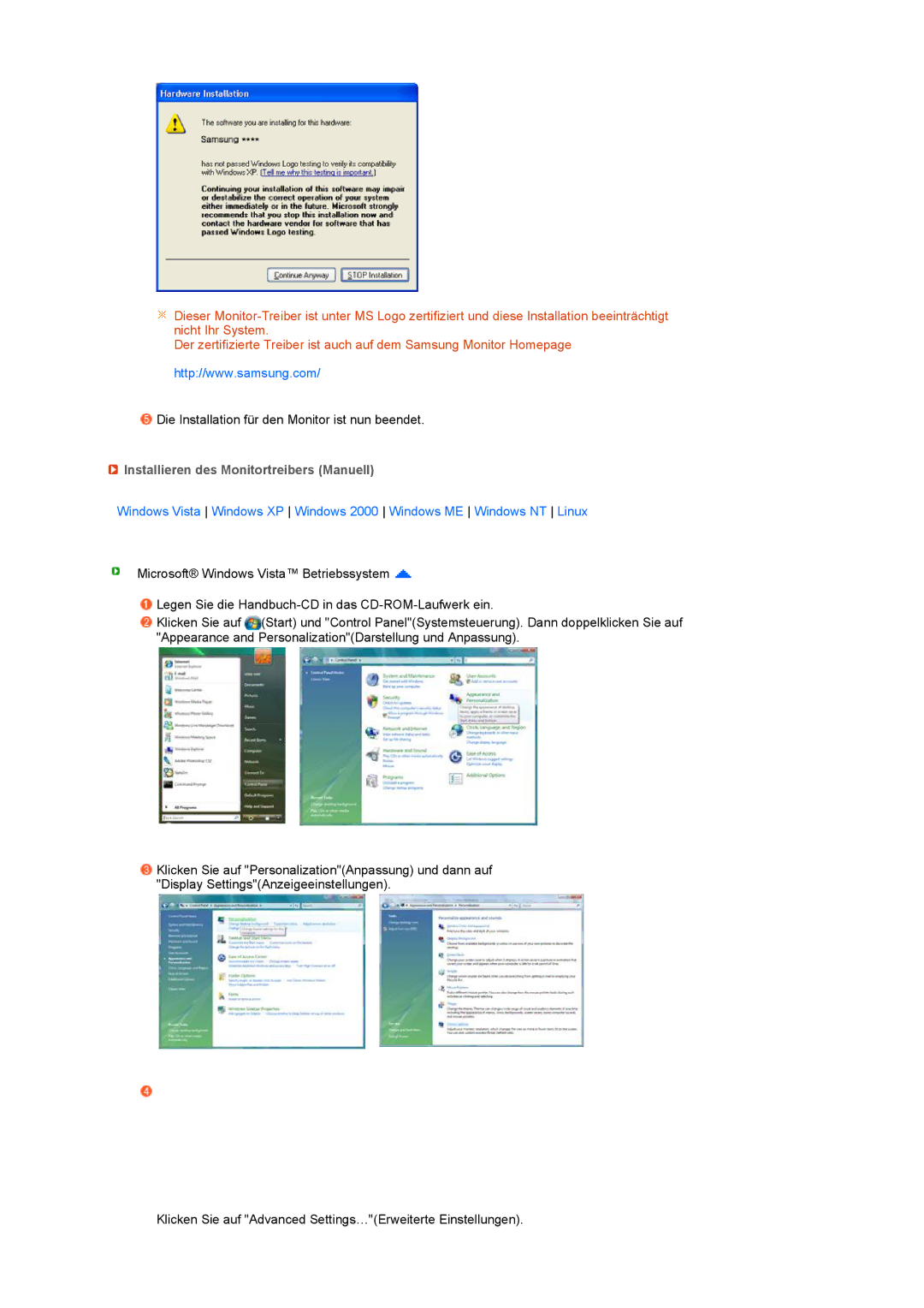 Samsung LS22UCWSFV/EDC manual Installieren des Monitortreibers Manuell 