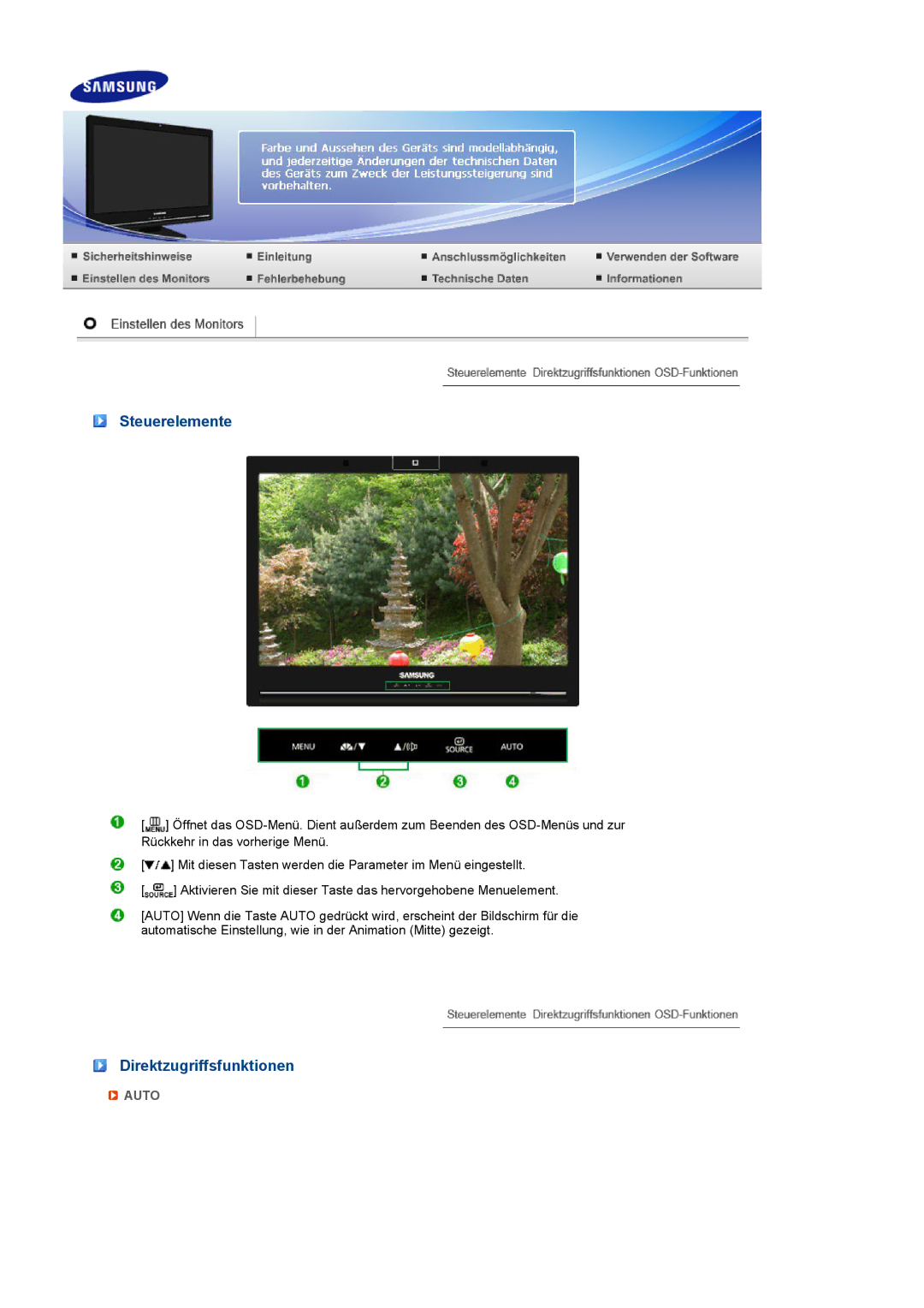 Samsung LS22UCWSFV/EDC manual Steuerelemente, Direktzugriffsfunktionen 