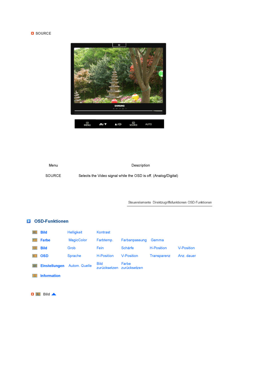 Samsung LS22UCWSFV/EDC manual OSD-Funktionen, Bild 