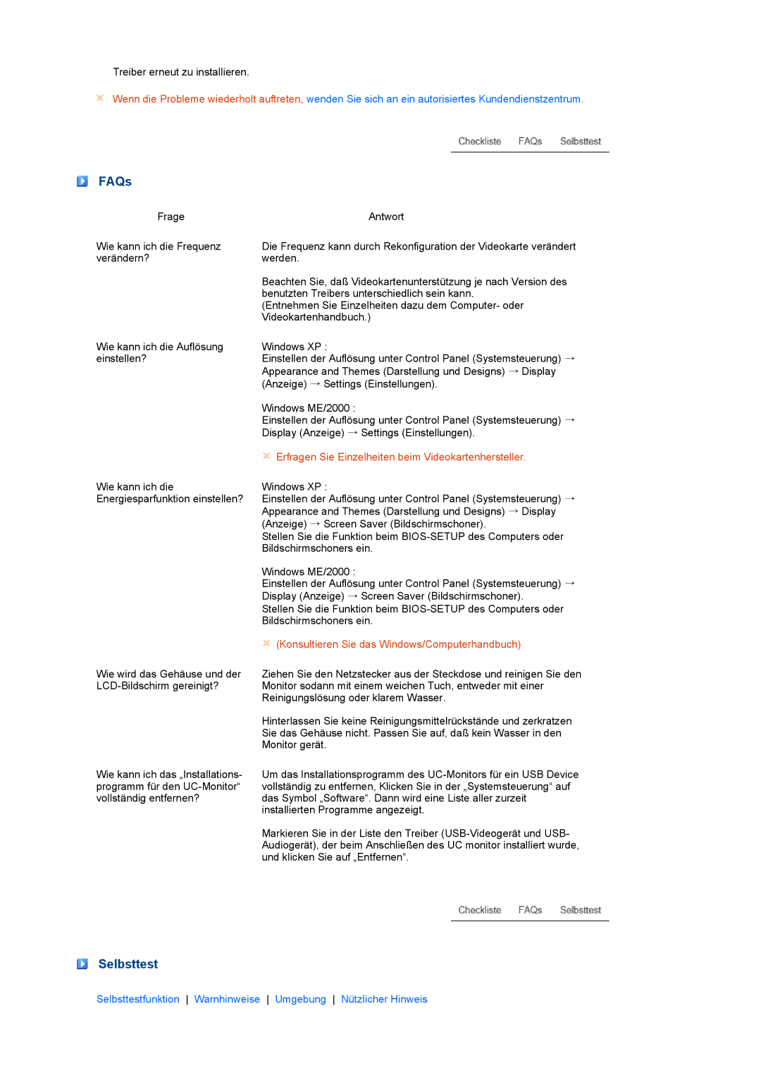 Samsung LS22UCWSFV/EDC manual FAQs, Selbsttest 