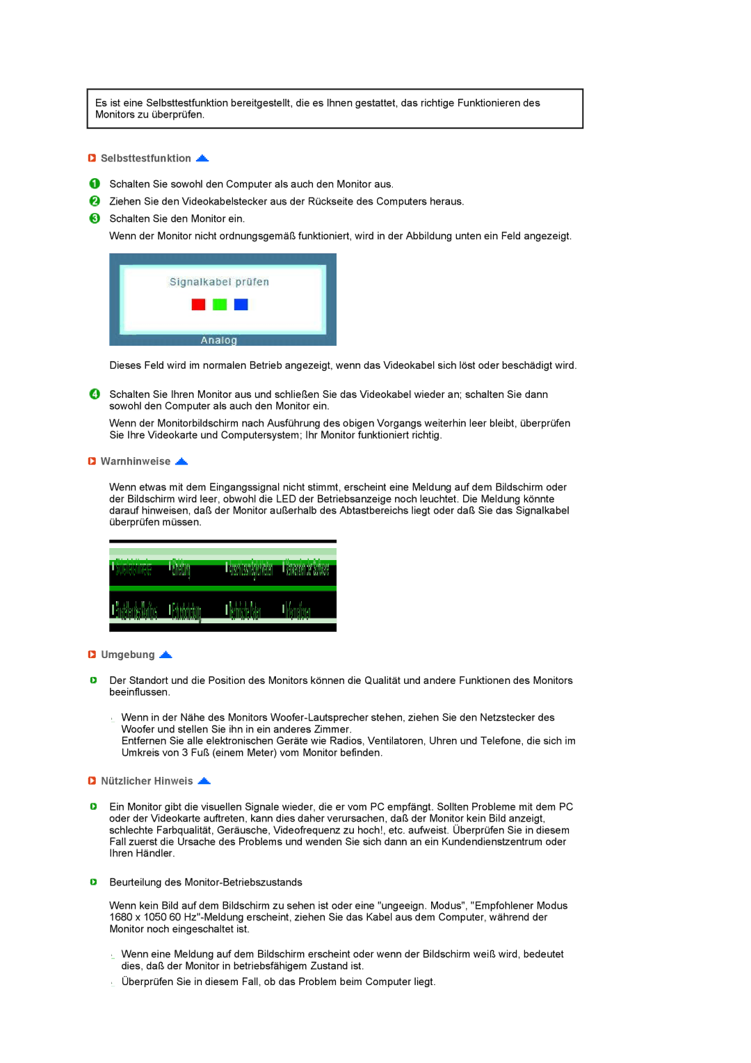 Samsung LS22UCWSFV/EDC manual Selbsttestfunktion, Warnhinweise, Umgebung, Nützlicher Hinweis 