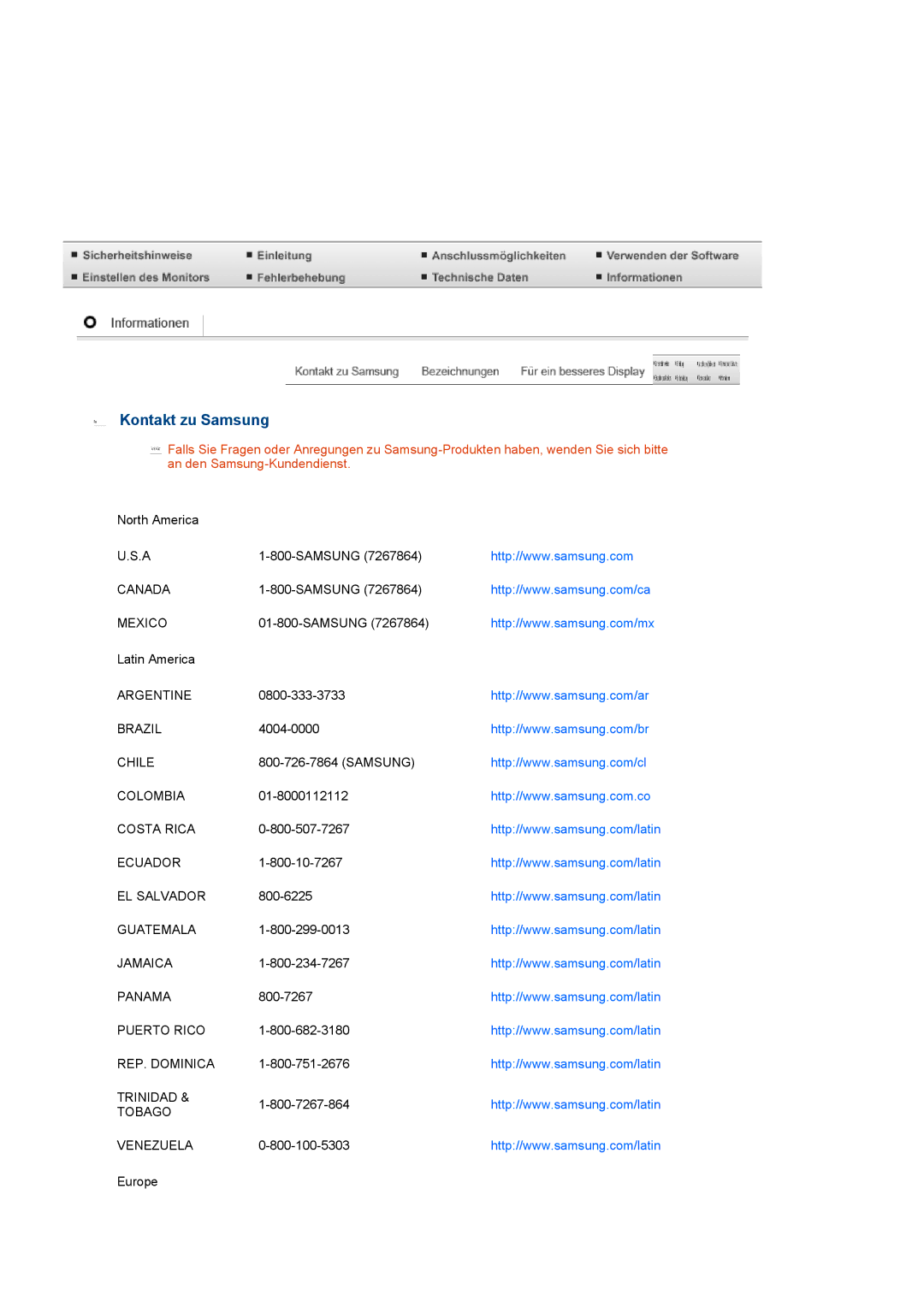 Samsung LS22UCWSFV/EDC manual Kontakt zu Samsung 