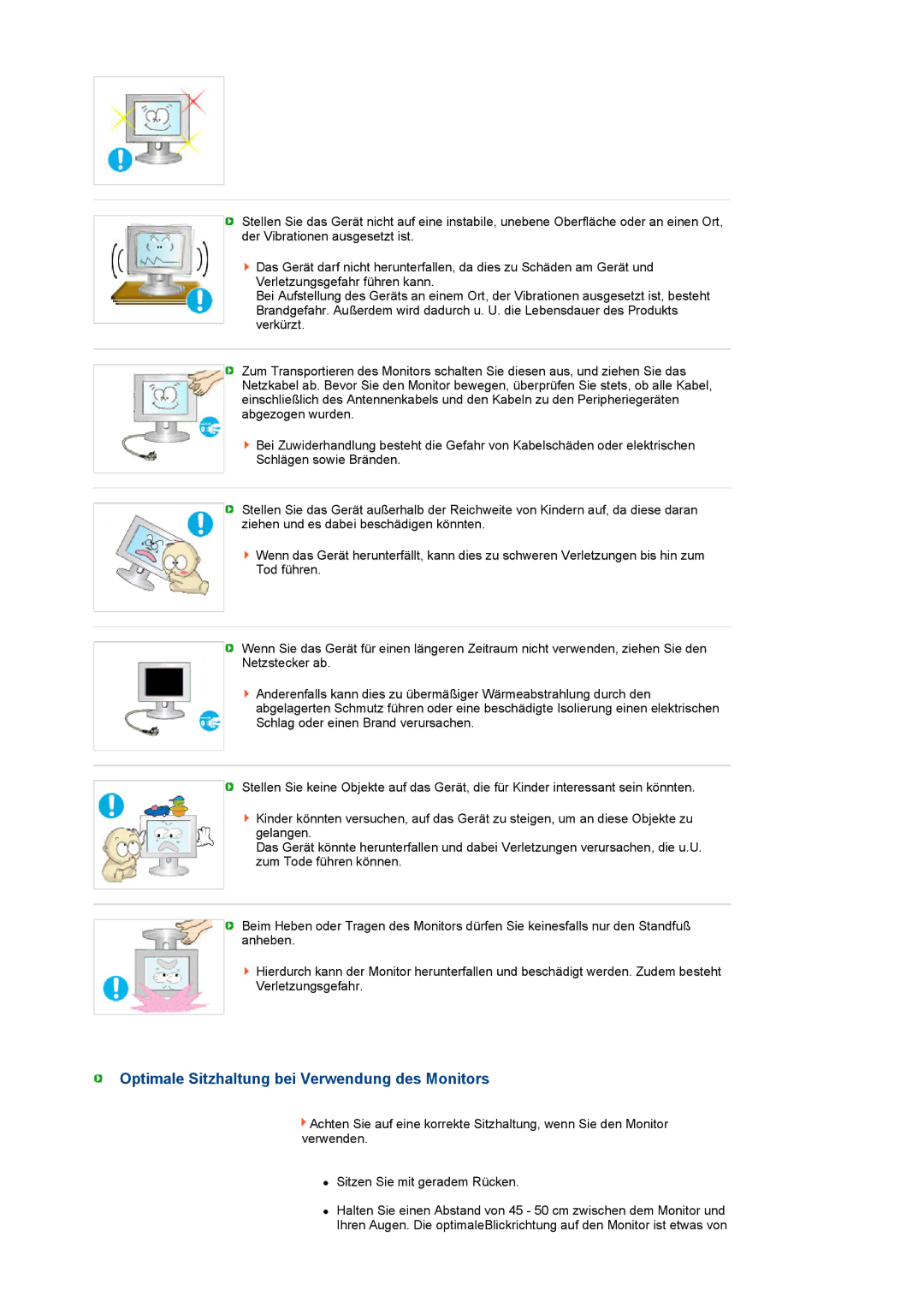 Samsung LS22UCWSFV/EDC manual Optimale Sitzhaltung bei Verwendung des Monitors 