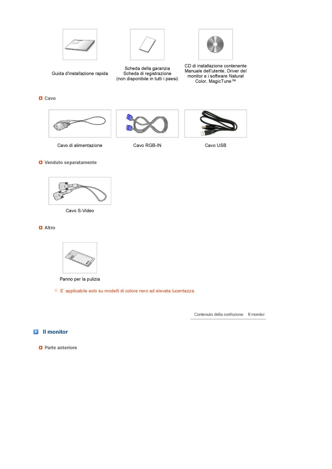 Samsung LS22UCWSFV/EDC manual Il monitor, Cavo, Venduto separatamente, Altro, Parte anteriore 