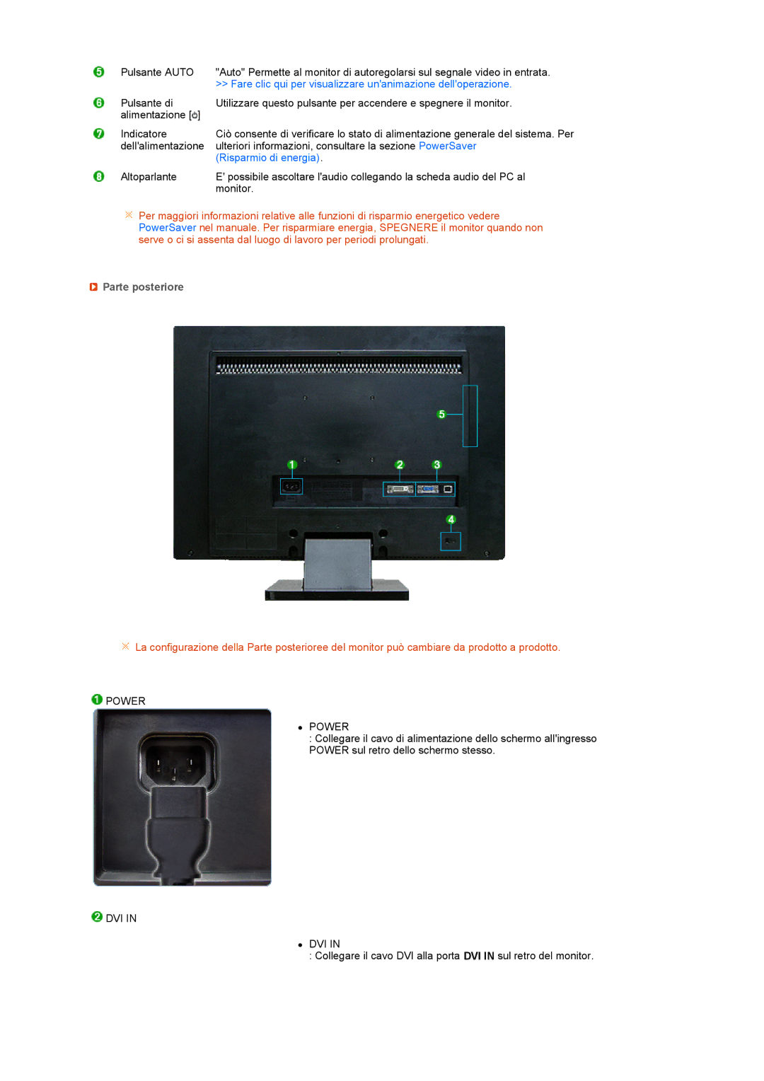 Samsung LS22UCWSFV/EDC manual Parte posteriore, Power, Dvi 