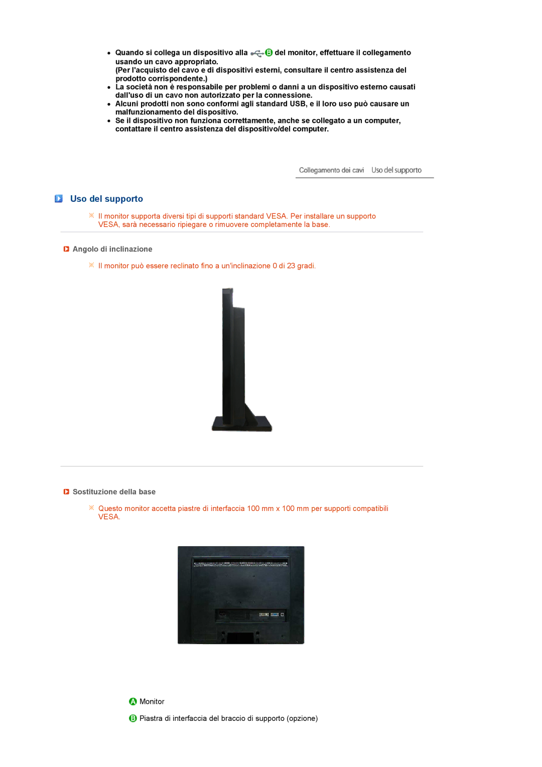 Samsung LS22UCWSFV/EDC manual Uso del supporto, Angolo di inclinazione, Sostituzione della base 