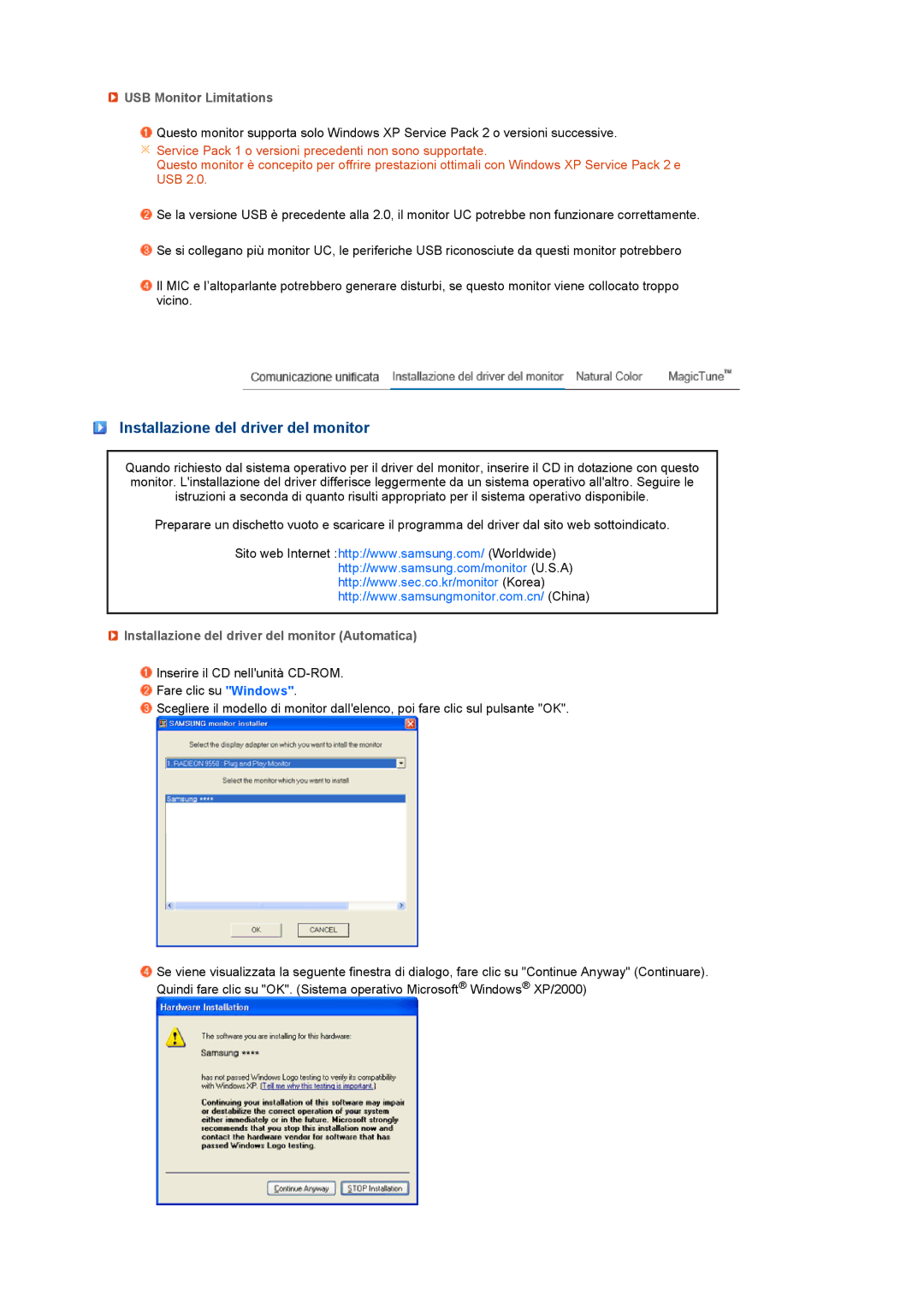 Samsung LS22UCWSFV/EDC manual Installazione del driver del monitor, USB Monitor Limitations 