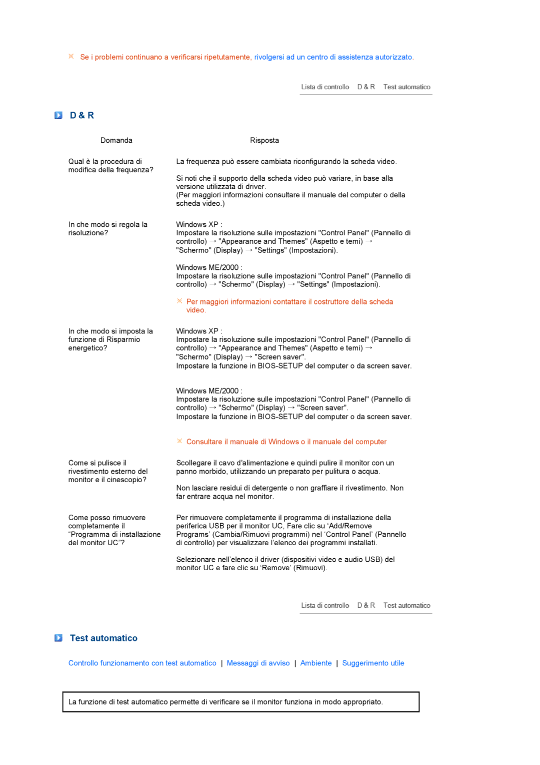 Samsung LS22UCWSFV/EDC Test automatico, Consultare il manuale di Windows o il manuale del computer 