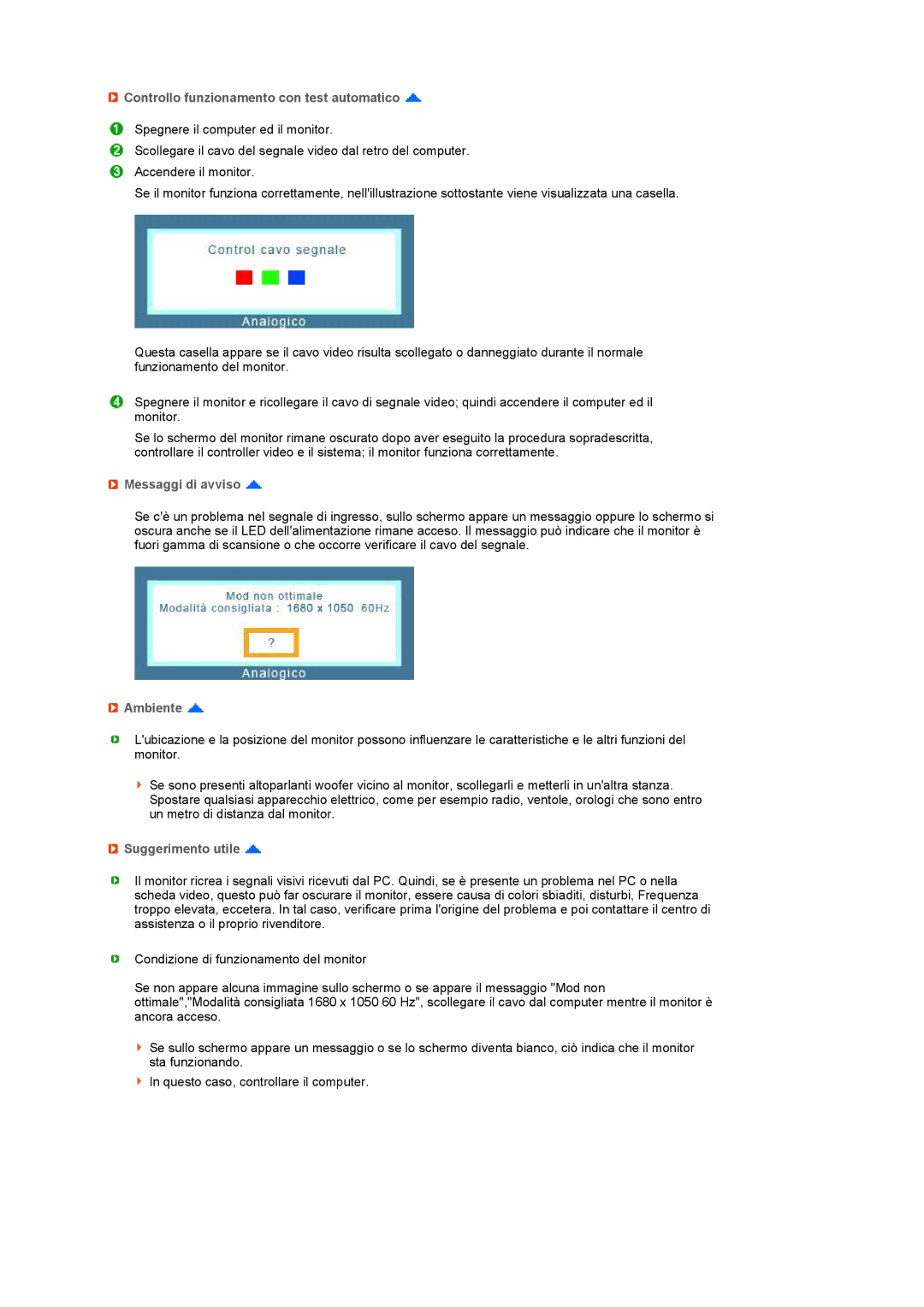 Samsung LS22UCWSFV/EDC manual Controllo funzionamento con test automatico, Messaggi di avviso, Ambiente, Suggerimento utile 