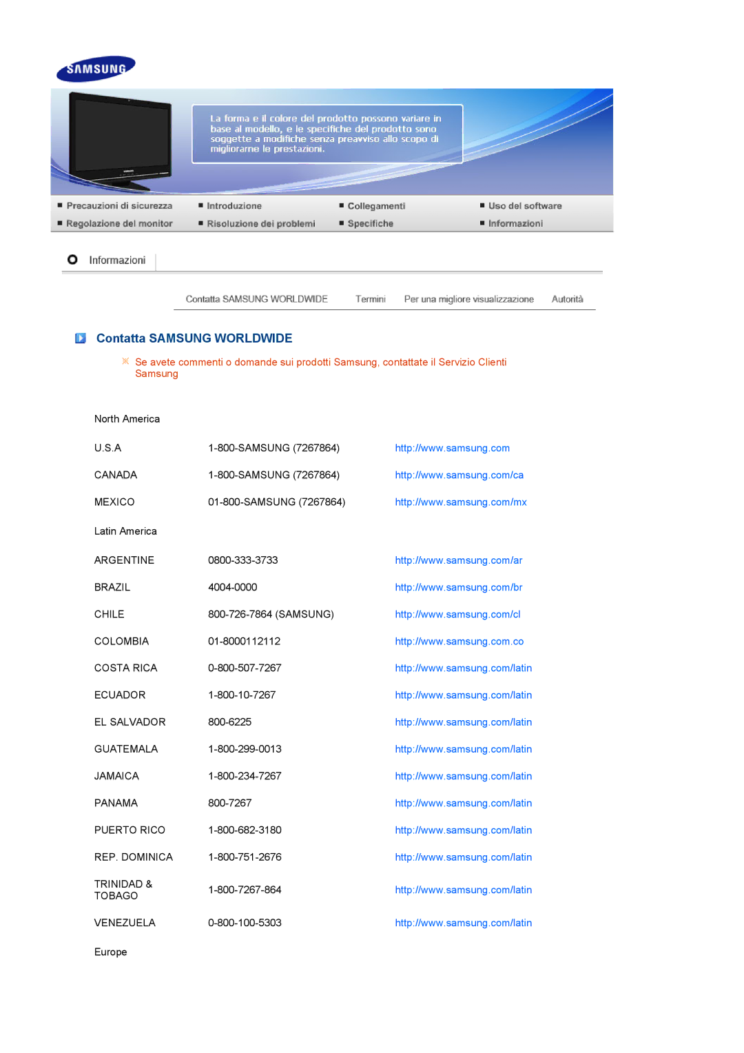 Samsung LS22UCWSFV/EDC manual Contatta Samsung Worldwide 