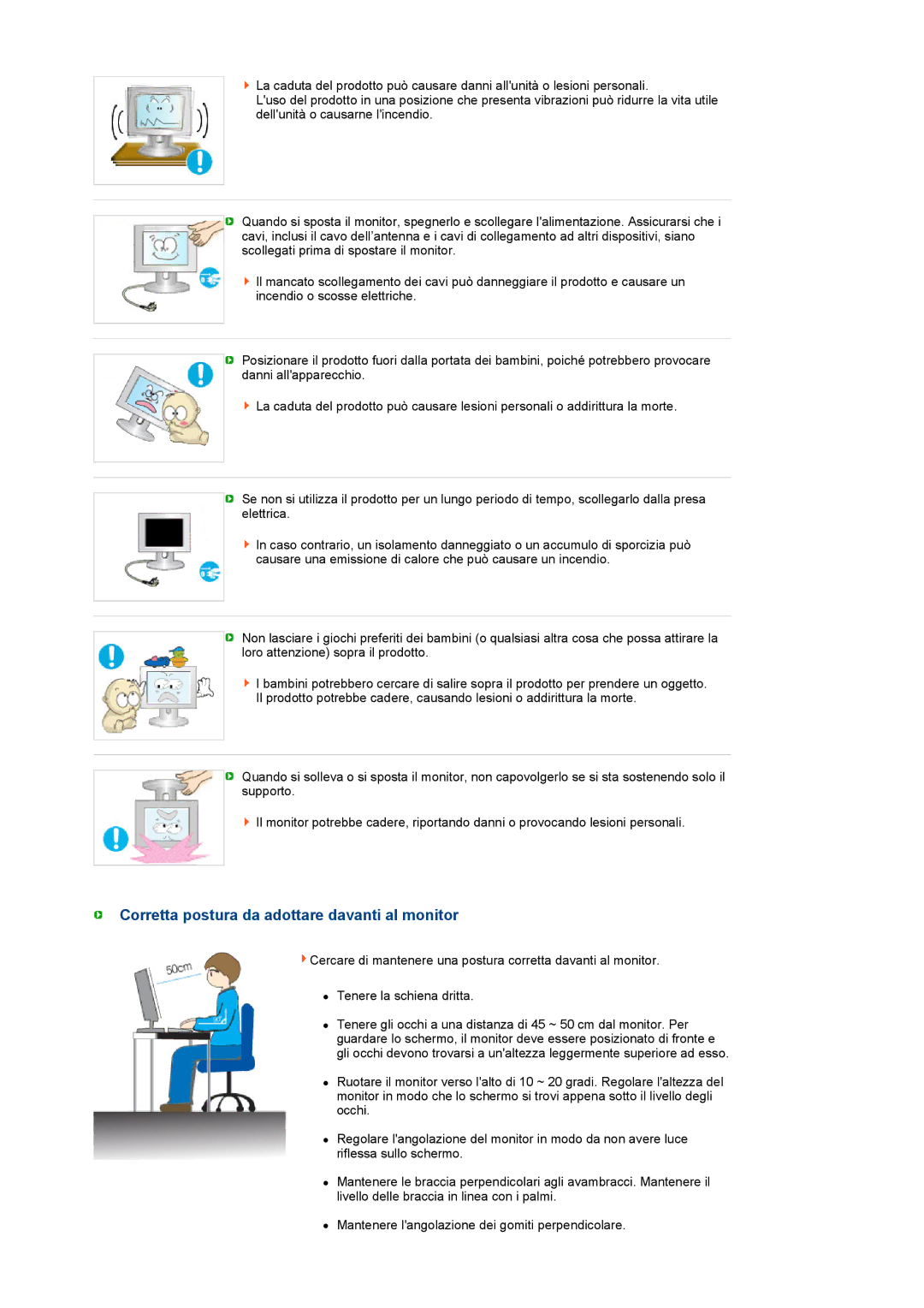 Samsung LS22UCWSFV/EDC manual Corretta postura da adottare davanti al monitor 