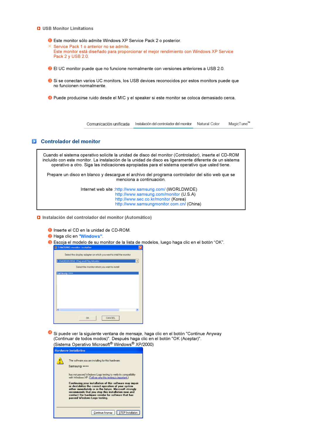 Samsung LS22UCWSFV/EDC manual Controlador del monitor, USB Monitor Limitations 