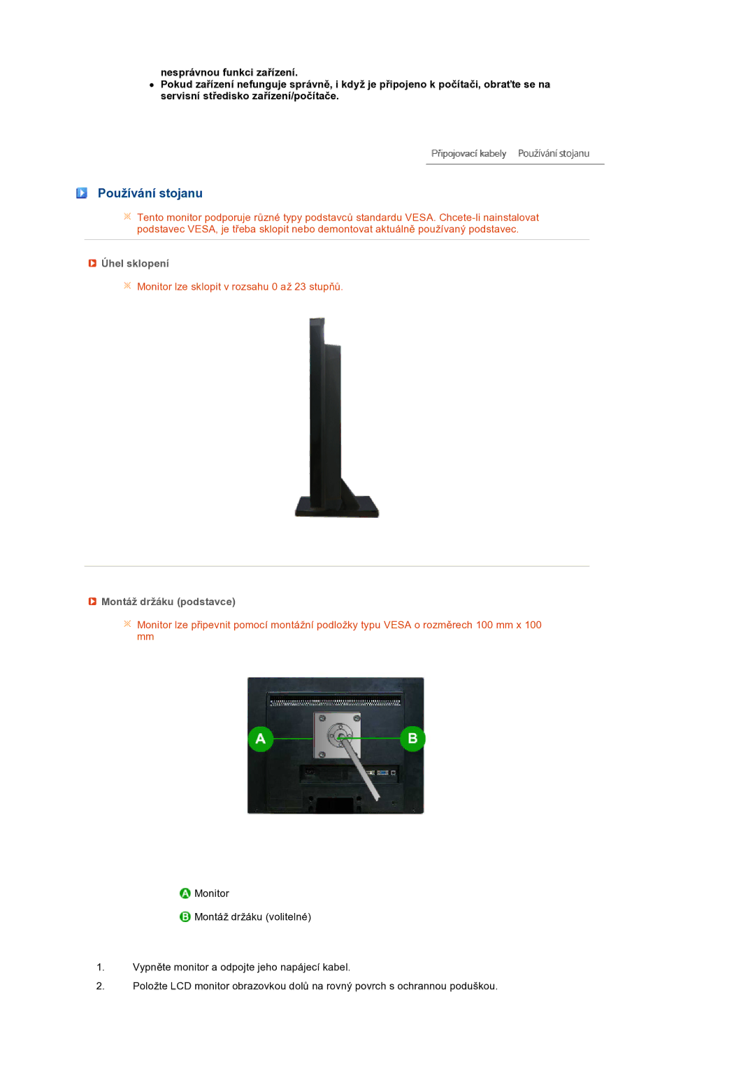 Samsung LS22UCWSFV/EDC manual Používání stojanu, Úhel sklopení, Montáž držáku podstavce 