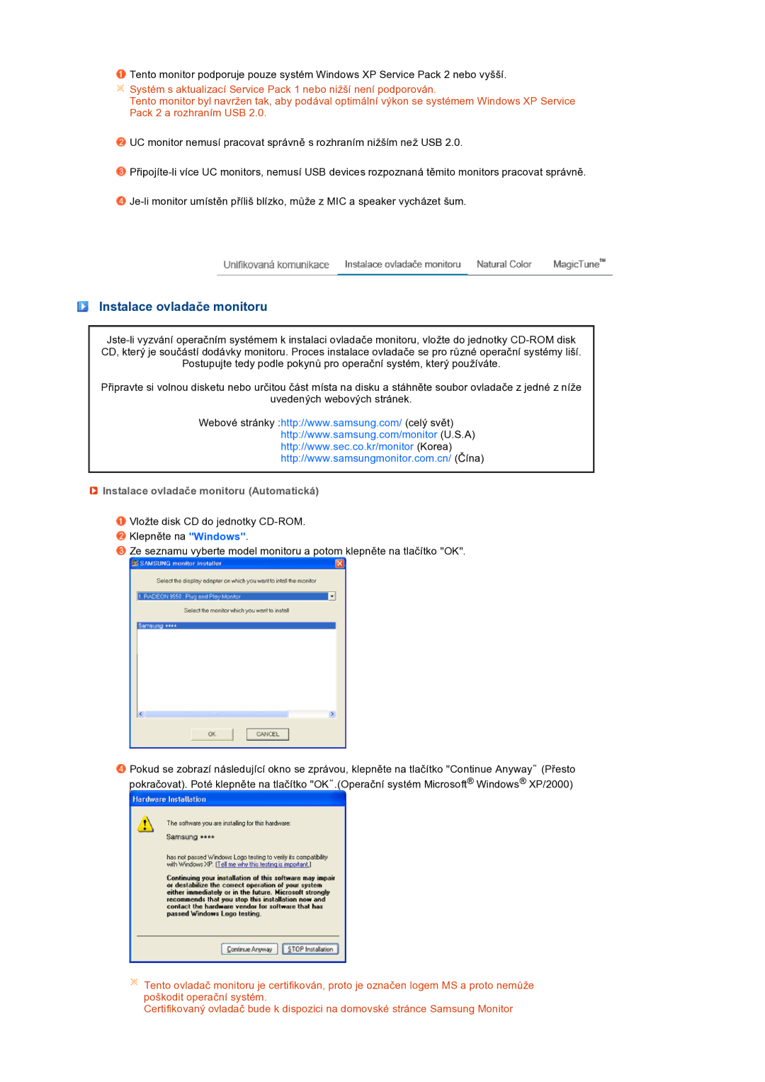 Samsung LS22UCWSFV/EDC manual Instalace ovladače monitoru Automatická 