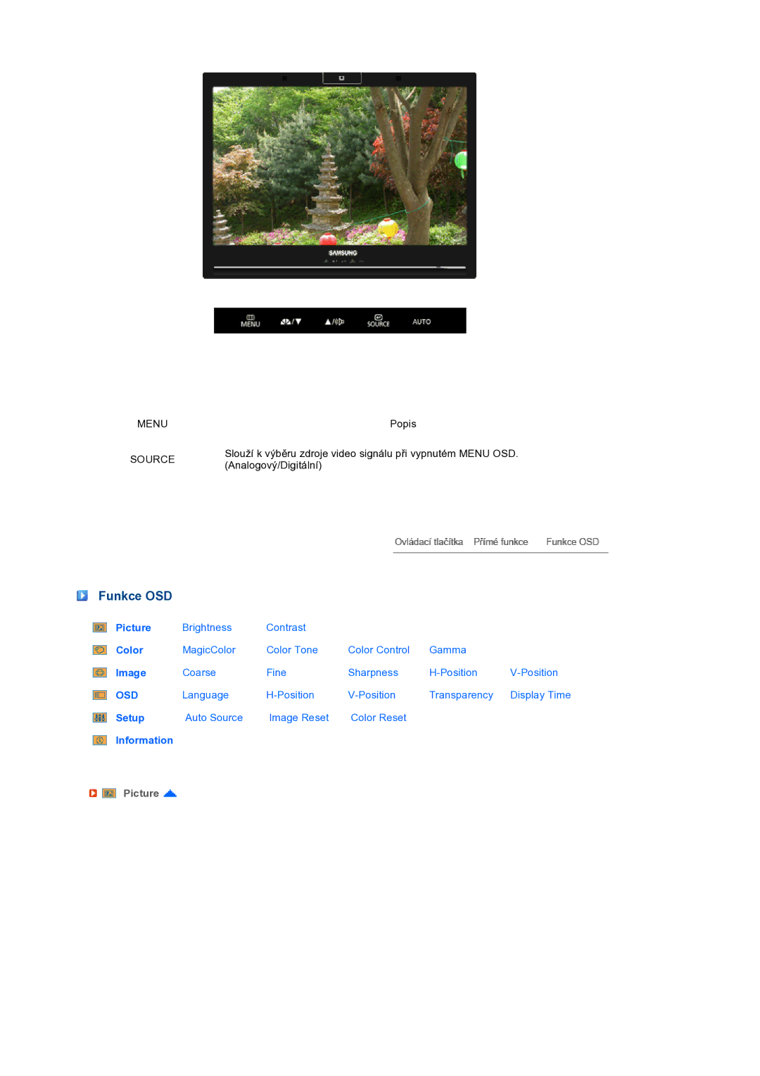 Samsung LS22UCWSFV/EDC manual Funkce OSD, Picture 