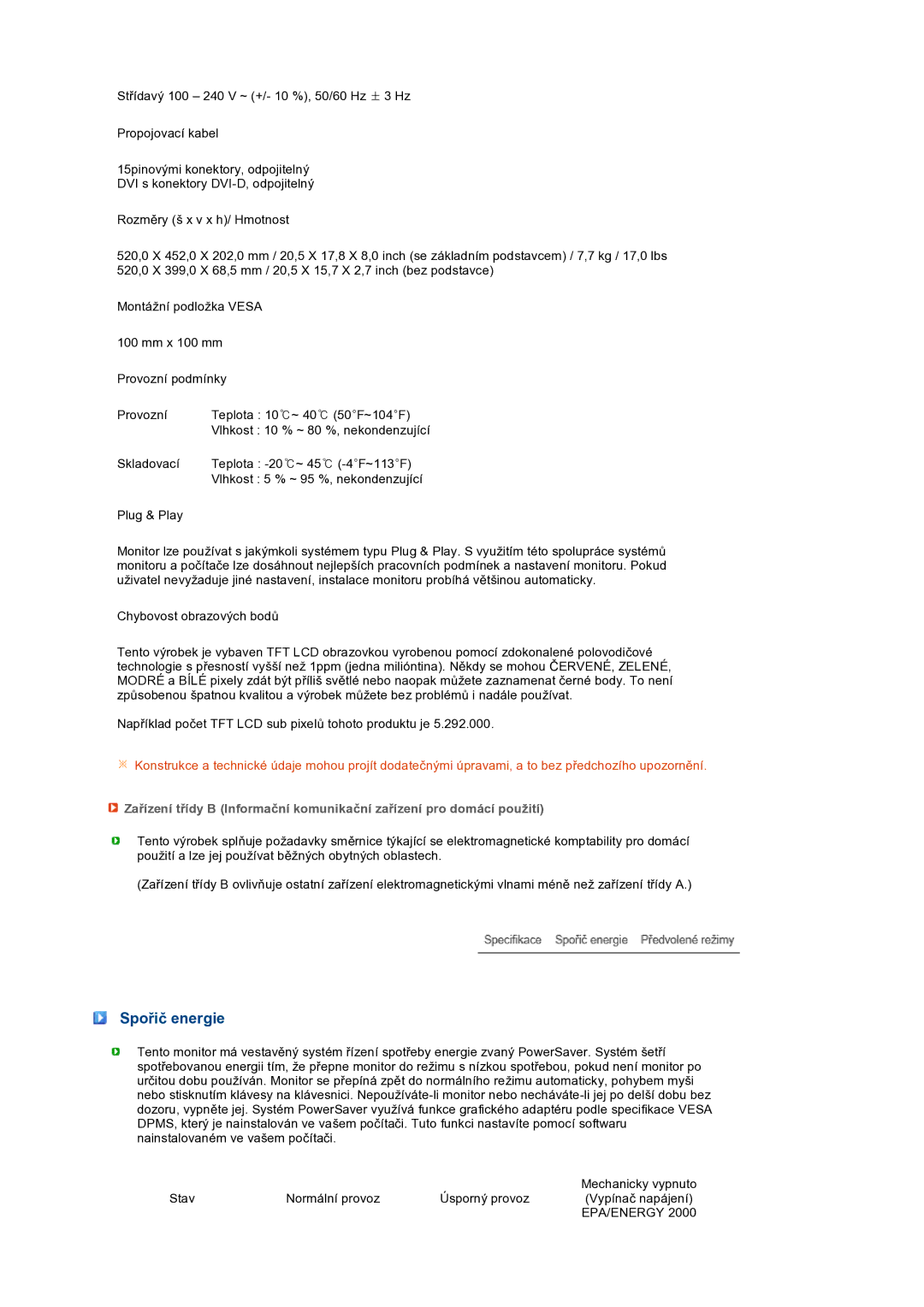 Samsung LS22UCWSFV/EDC manual Spořič energie, Epa/Energy 