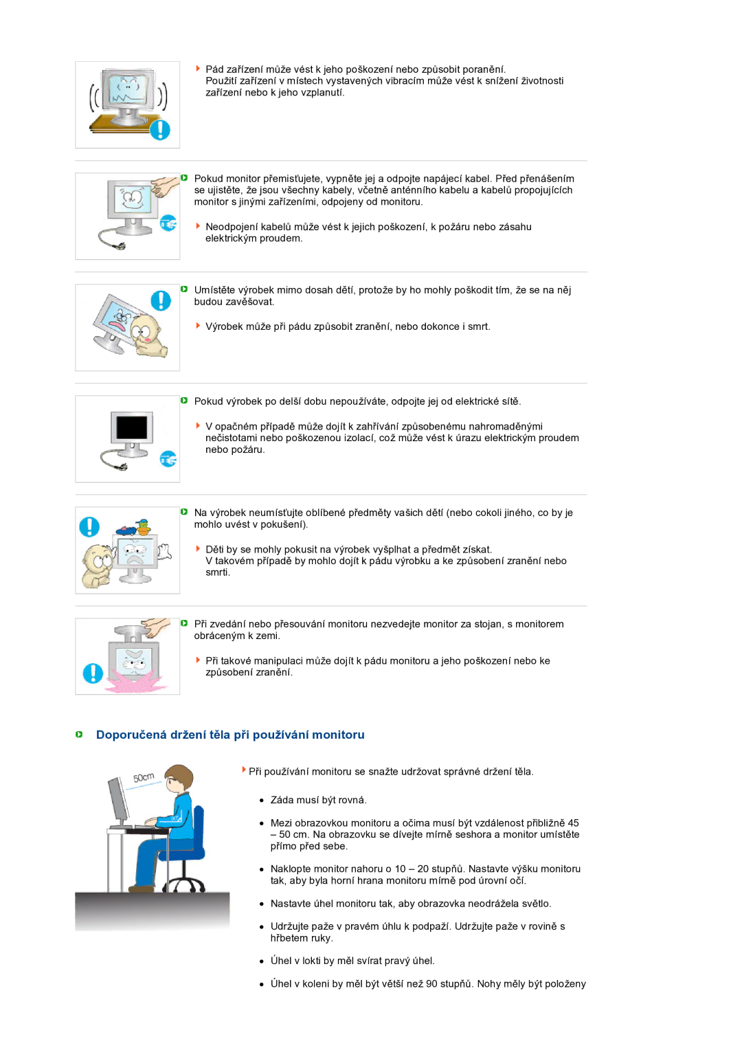 Samsung LS22UCWSFV/EDC manual Doporučená držení těla při používání monitoru 