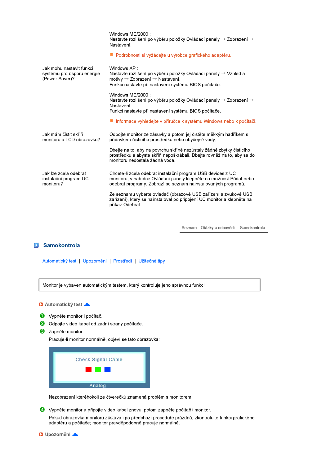 Samsung LS22UCWSFV/EDC manual Samokontrola, Automatický test, Upozornění 