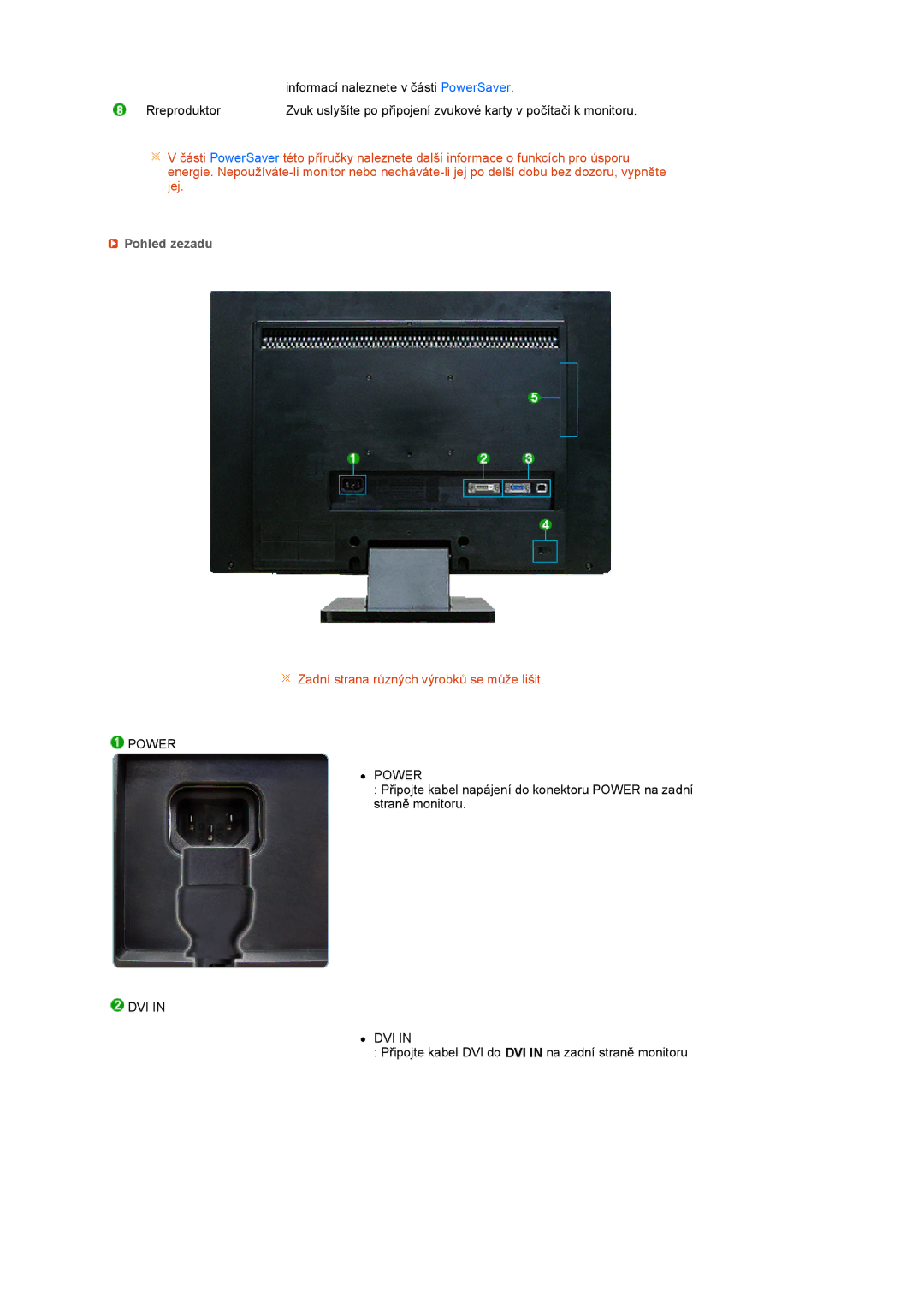 Samsung LS22UCWSFV/EDC manual Pohled zezadu, Power, Dvi 