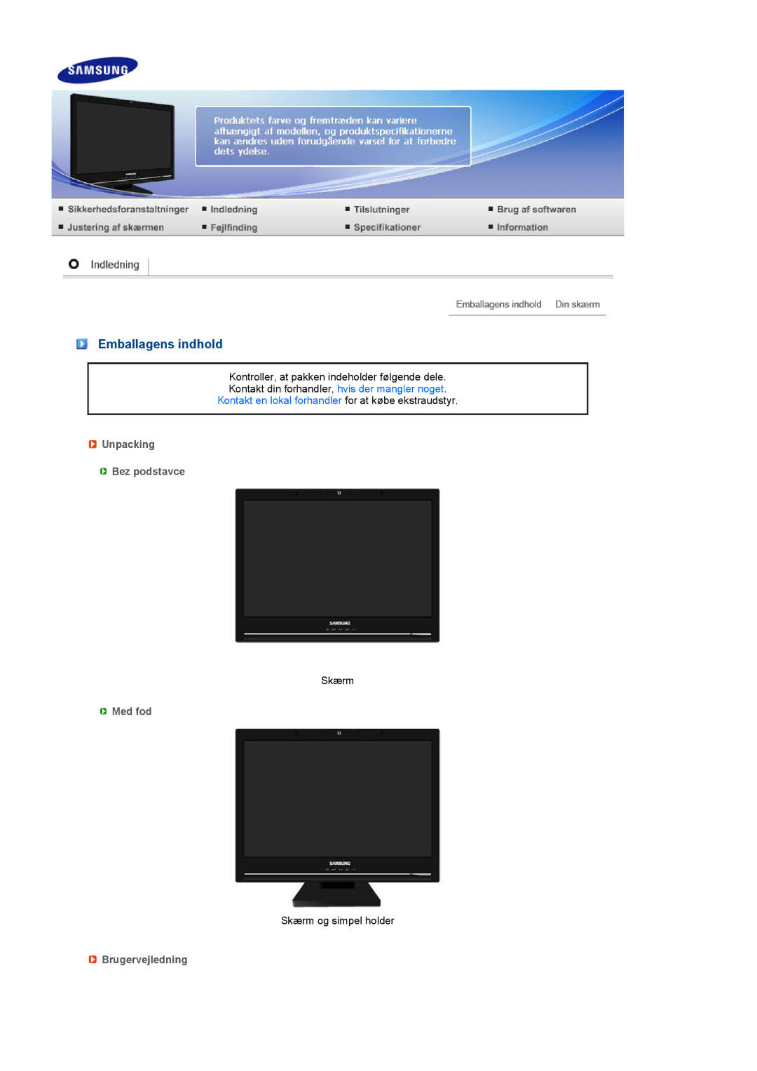 Samsung LS22UCWSFV/EDC manual Emballagens indhold, Unpacking Bez podstavce, Med fod, Brugervejledning 