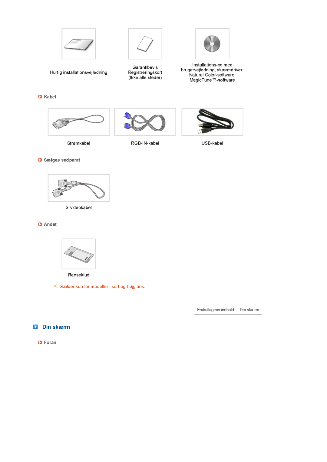 Samsung LS22UCWSFV/EDC manual Din skærm, Kabel, Sælges sedparat, Andet, Foran 