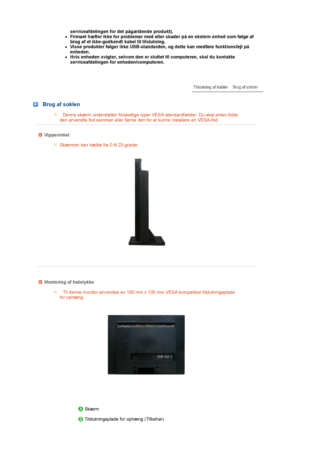 Samsung LS22UCWSFV/EDC manual Brug af soklen, Vippevinkel, Montering af fodstykke 