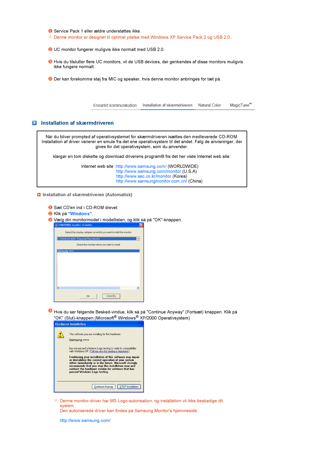 Samsung LS22UCWSFV/EDC manual Installation af skærmdriveren Automatisk 