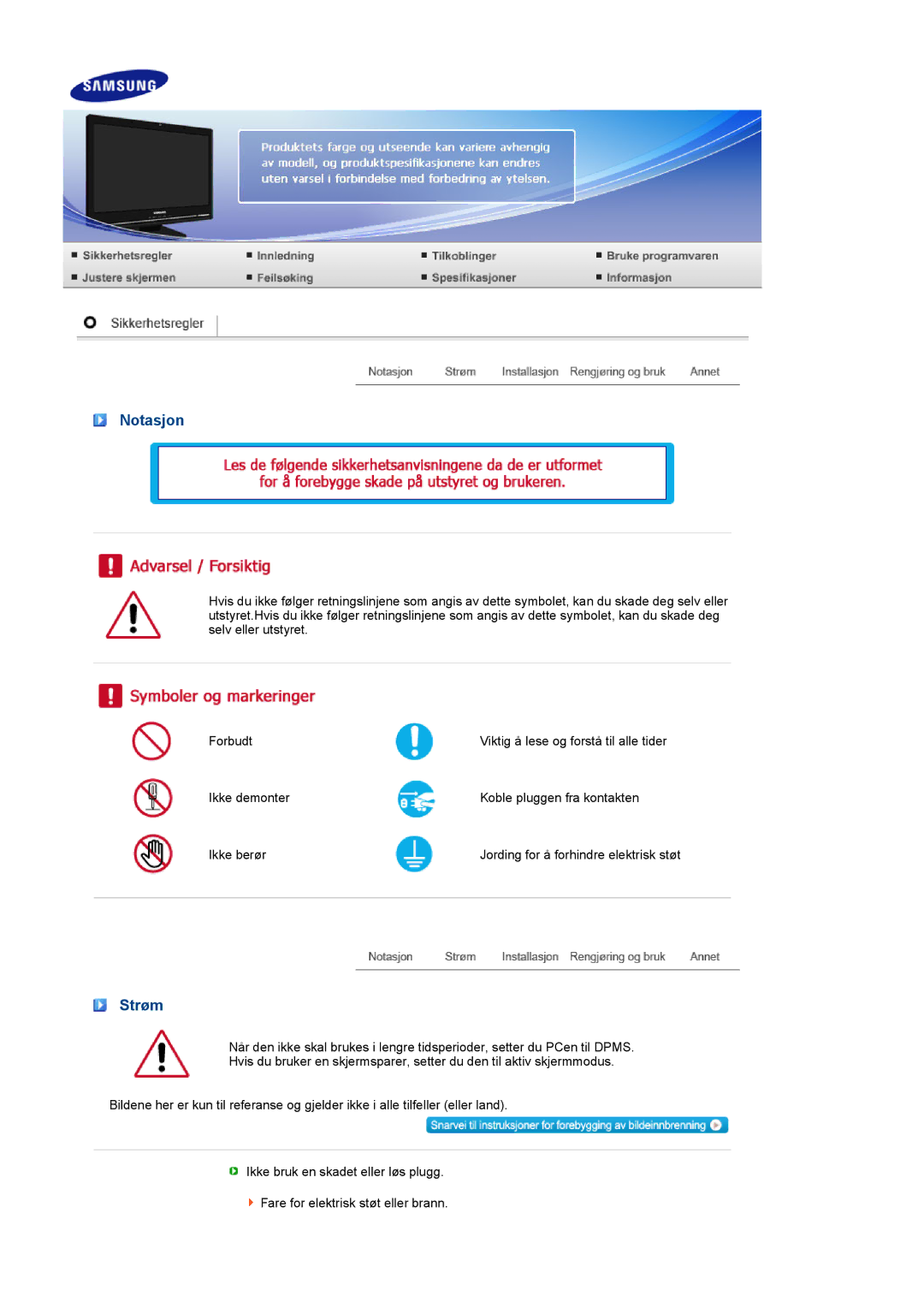 Samsung LS22UCWSFV/EDC manual Notasjon, Strøm 