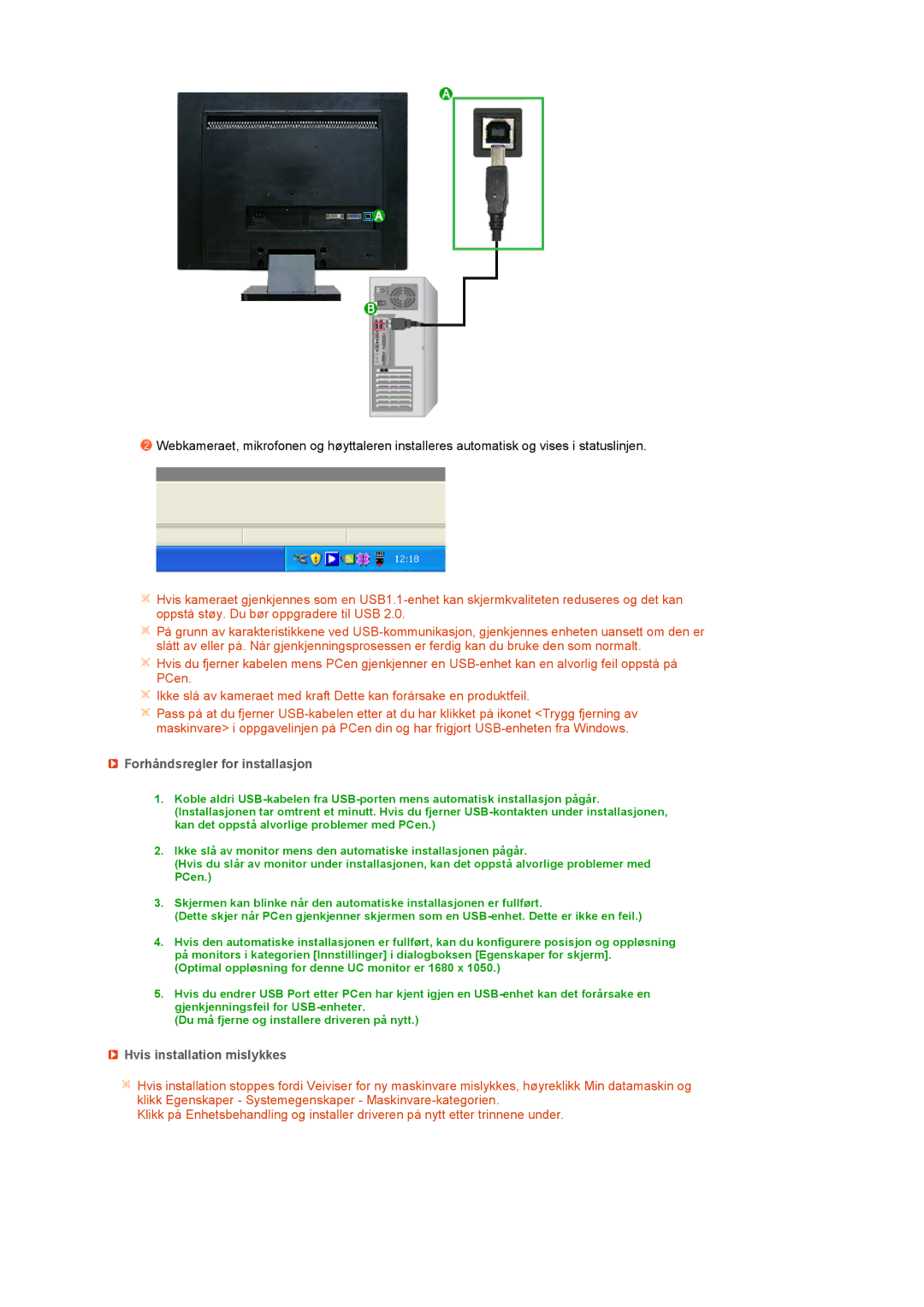 Samsung LS22UCWSFV/EDC manual Forhåndsregler for installasjon, Hvis installation mislykkes 