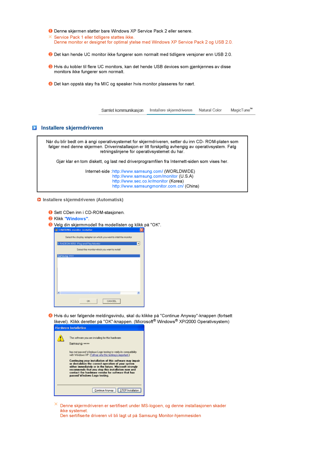 Samsung LS22UCWSFV/EDC manual Installere skjermdriveren Automatisk 