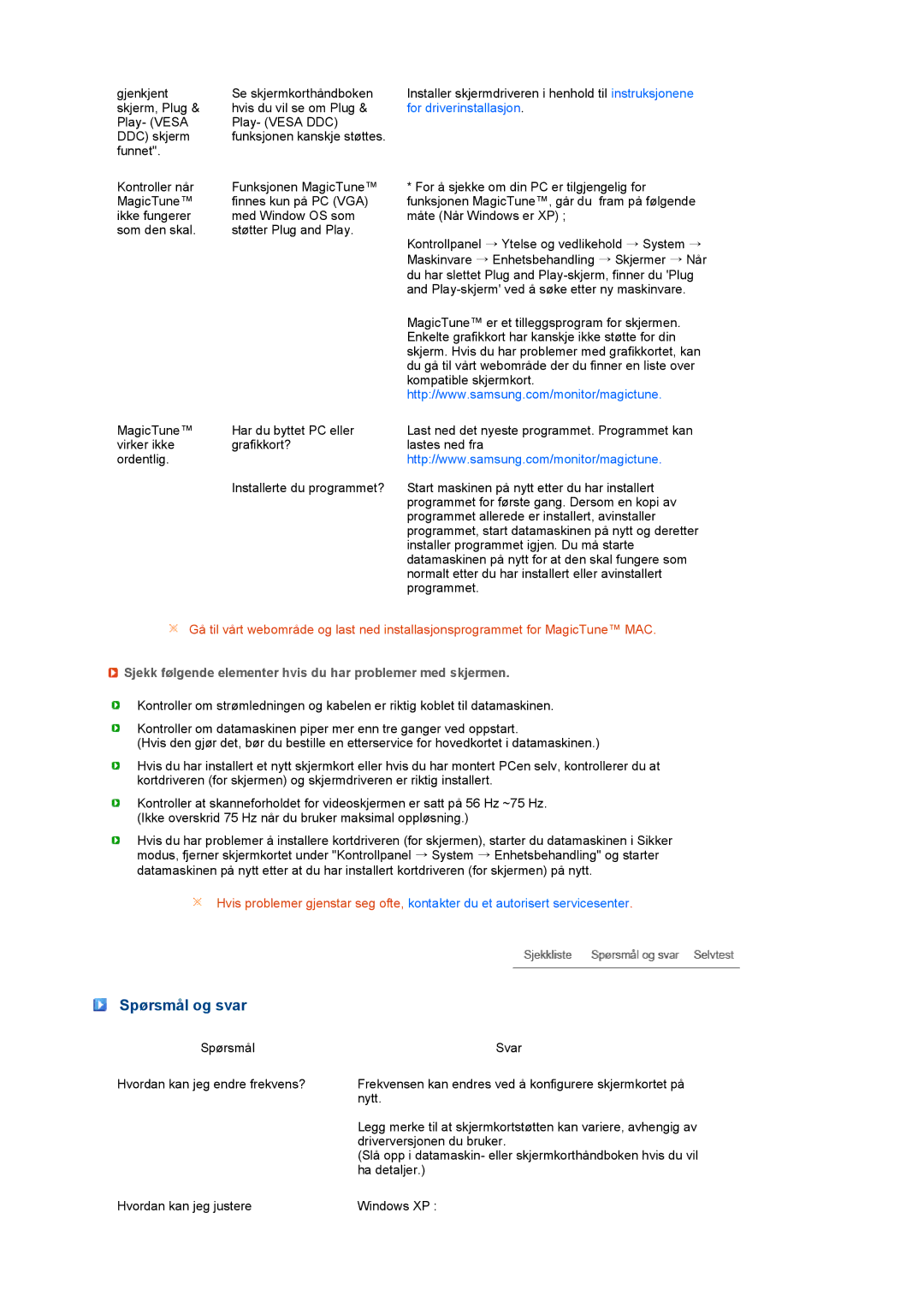 Samsung LS22UCWSFV/EDC manual Spørsmål og svar, Sjekk følgende elementer hvis du har problemer med skjermen 