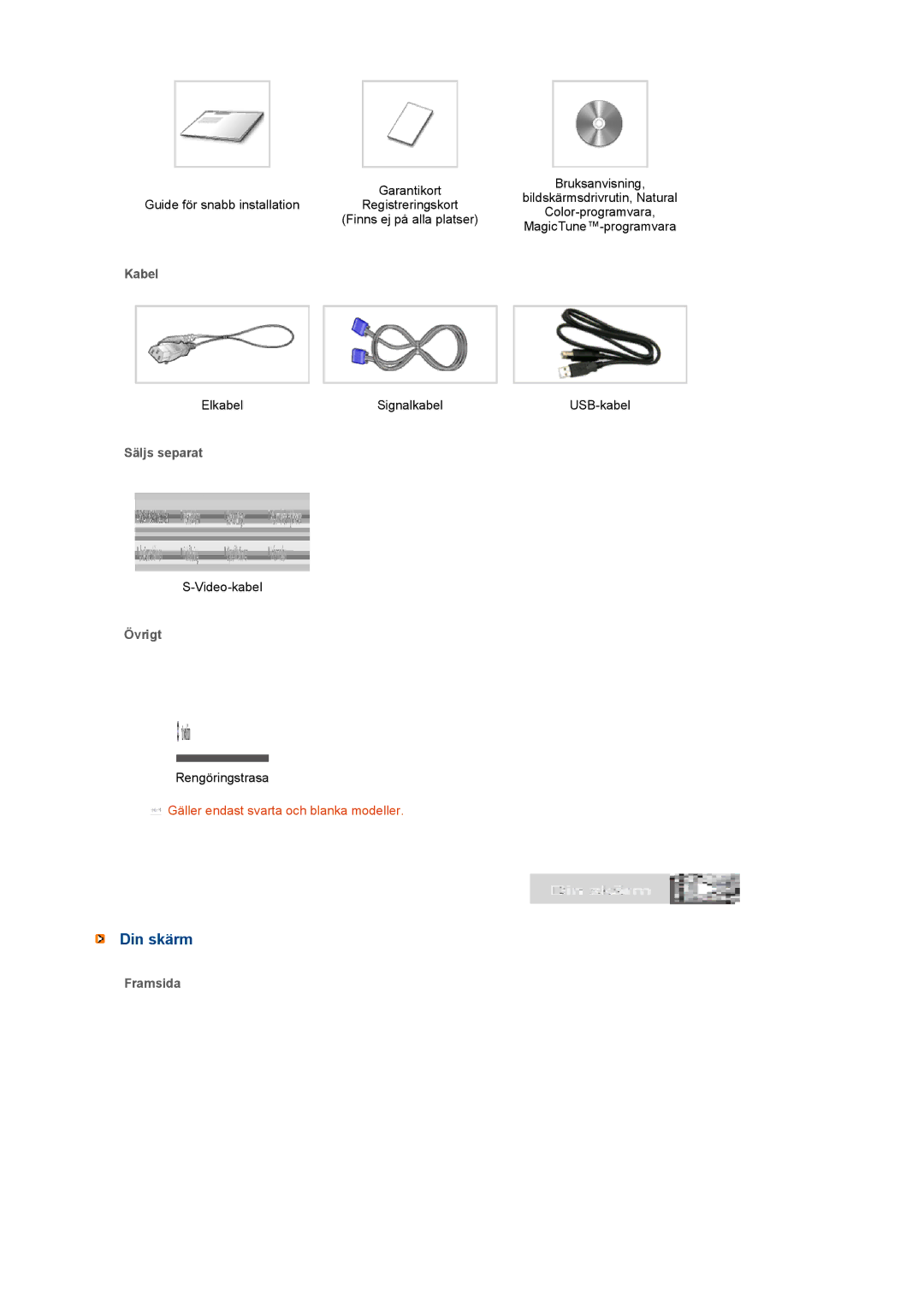 Samsung LS22UCWSFV/EDC manual Din skärm, Kabel, Säljs separat, Övrigt, Framsida 