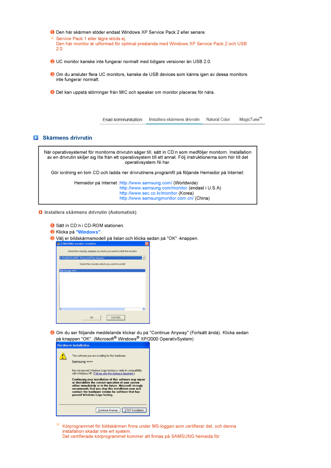 Samsung LS22UCWSFV/EDC manual Skärmens drivrutin, Installera skärmens drivrutin Automatisk 