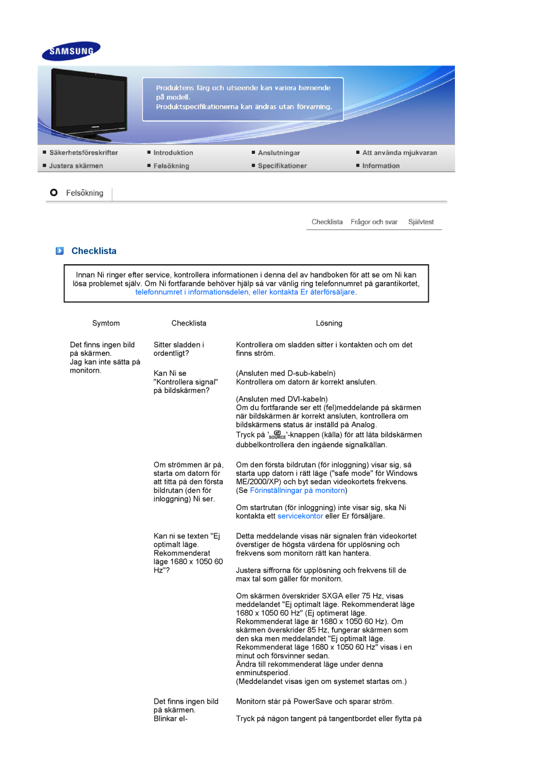 Samsung LS22UCWSFV/EDC manual Checklista 