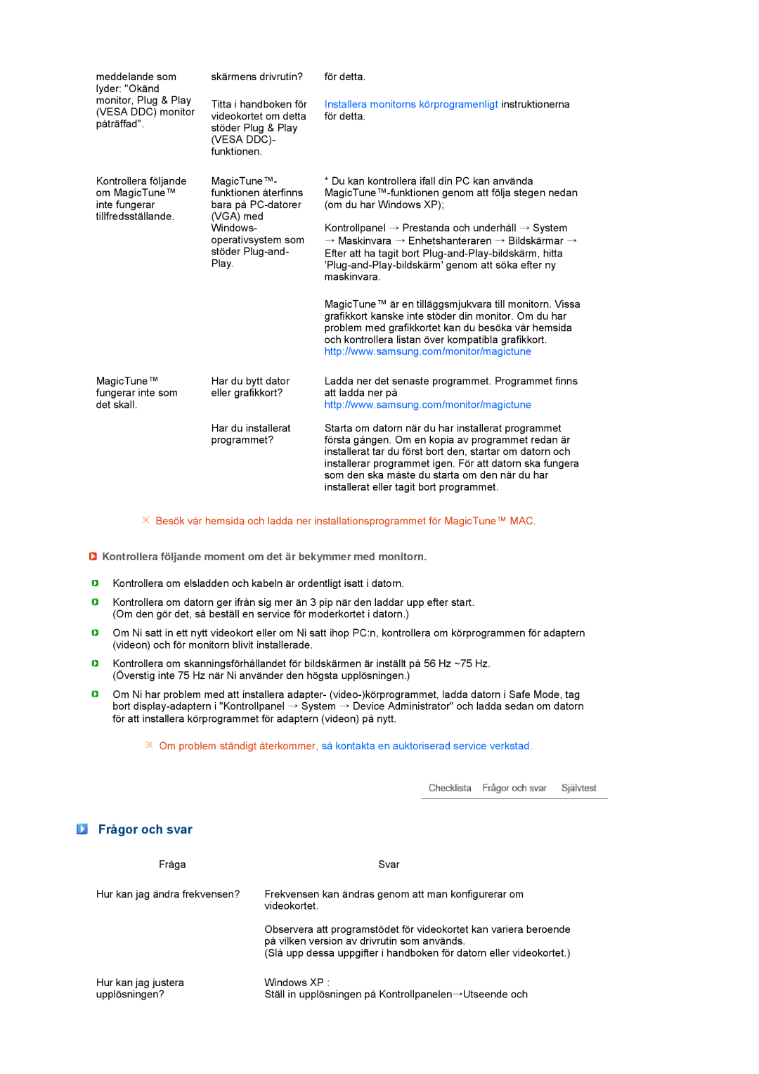 Samsung LS22UCWSFV/EDC manual Frågor och svar, Kontrollera följande moment om det är bekymmer med monitorn 