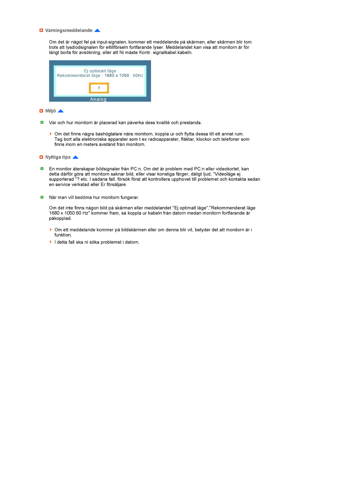 Samsung LS22UCWSFV/EDC manual Varningsmeddelande, Miljö, Nyttiga tips 