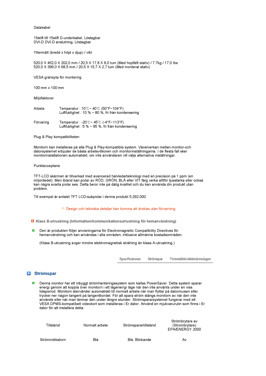 Samsung LS22UCWSFV/EDC manual Strömspar 