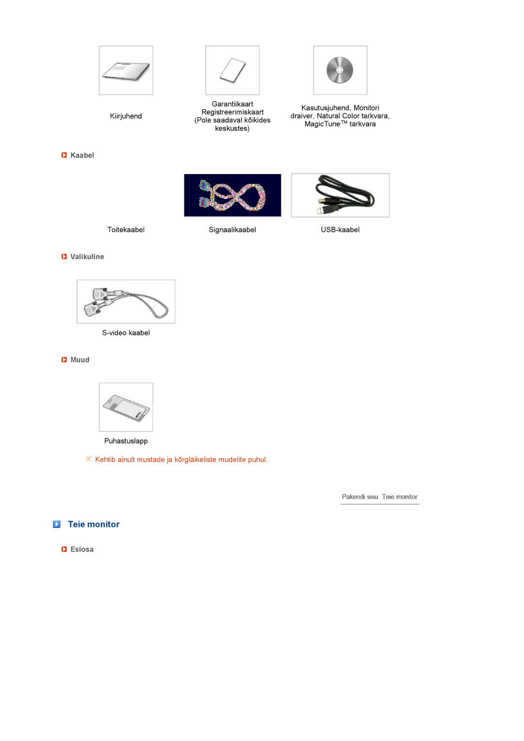 Samsung LS22UCWSFV/EDC manual Teie monitor, Kaabel, Valikuline, Muud, Esiosa 