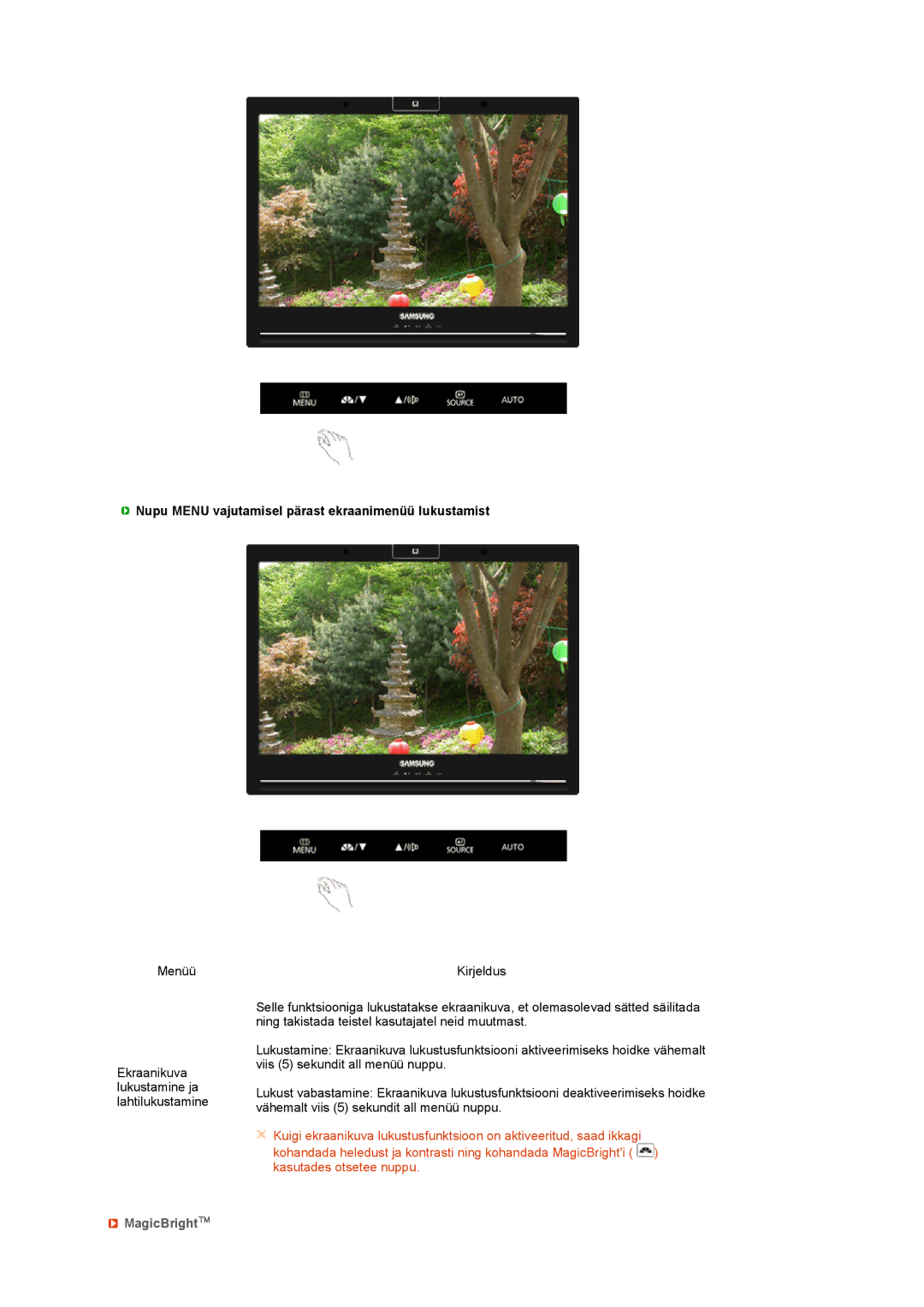 Samsung LS22UCWSFV/EDC manual Nupu Menu vajutamisel pärast ekraanimenüü lukustamist, MagicBright 