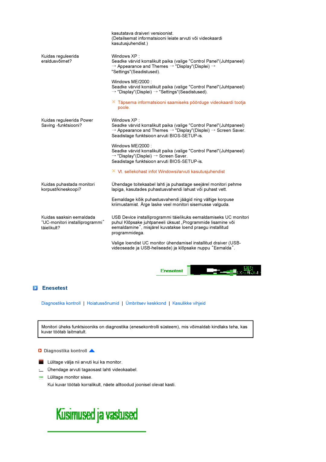 Samsung LS22UCWSFV/EDC manual Enesetest, Diagnostika kontroll 