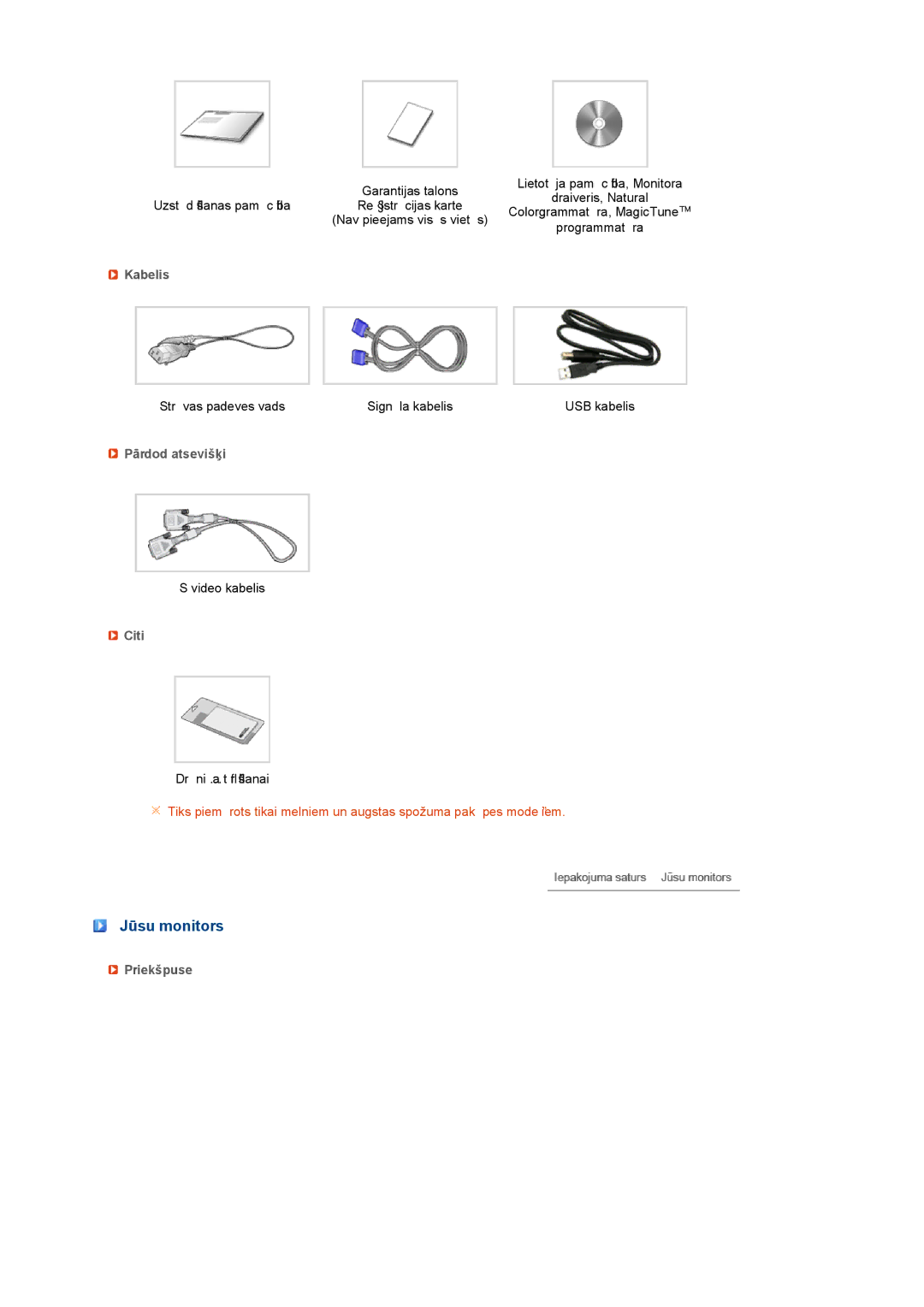 Samsung LS22UCWSFV/EDC manual Jūsu monitors, Kabelis, Pārdod atsevišķi, Citi, Priekšpuse 