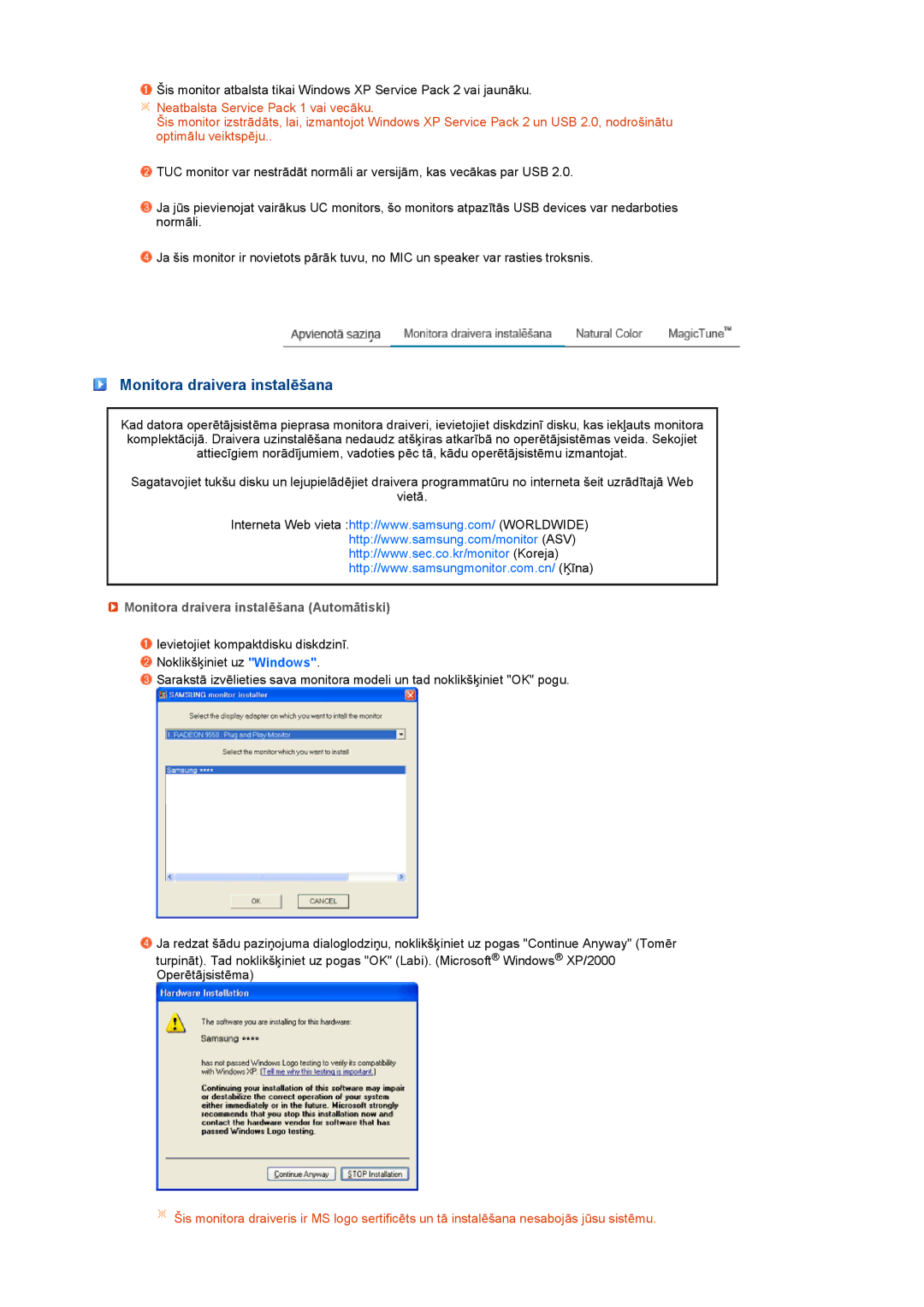 Samsung LS22UCWSFV/EDC manual Monitora draivera instalēšana Automātiski 