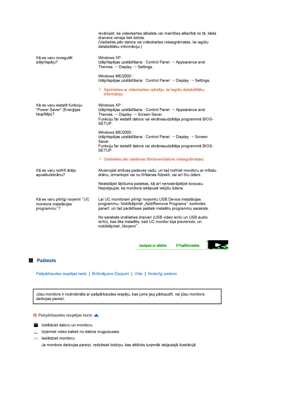 Samsung LS22UCWSFV/EDC manual Paštests, Pašpārbaudes iespējas tests 