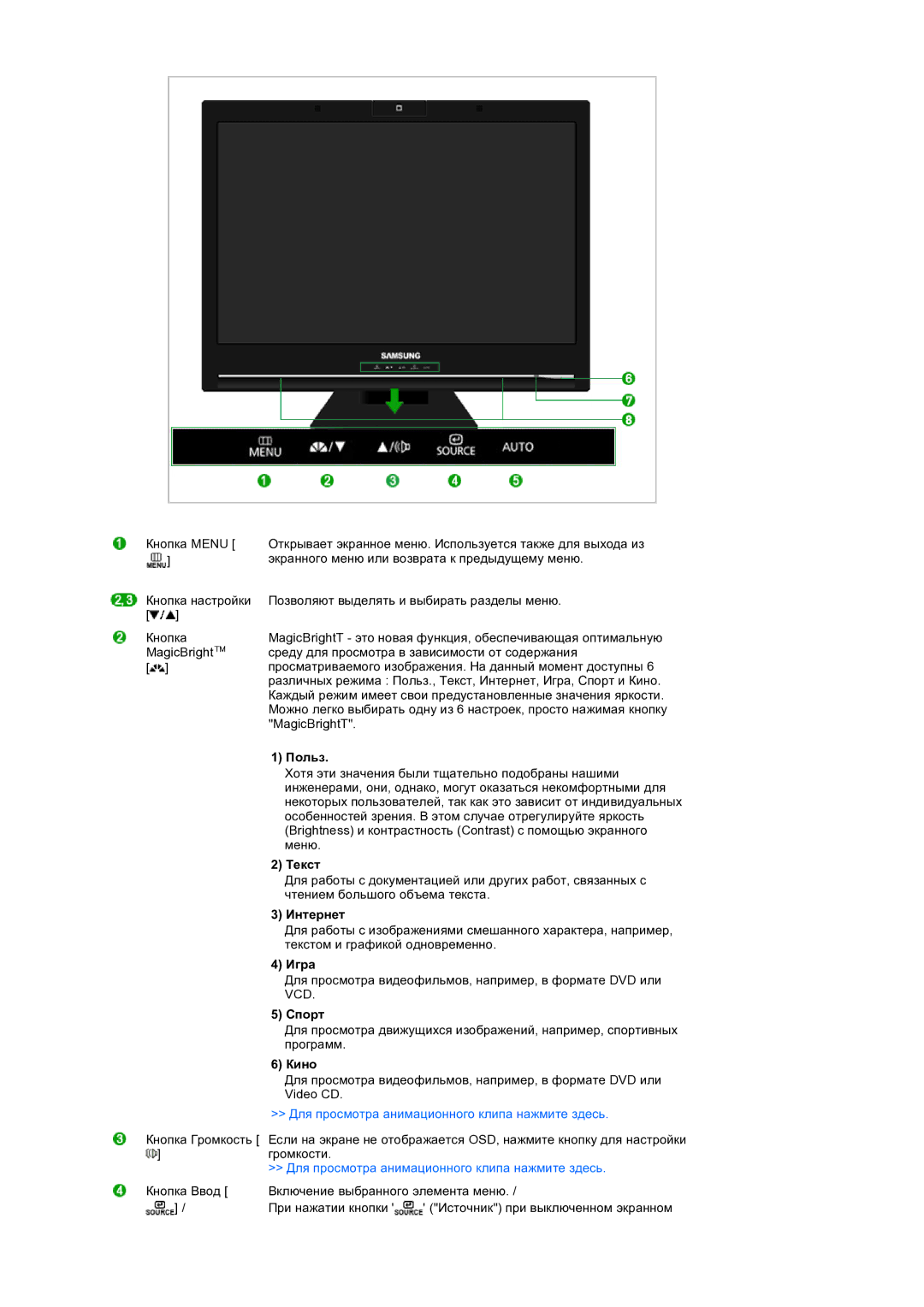 Samsung LS22UCWSFV/EDC manual Польз, Для просмотра анимационного клипа нажмите здесь 