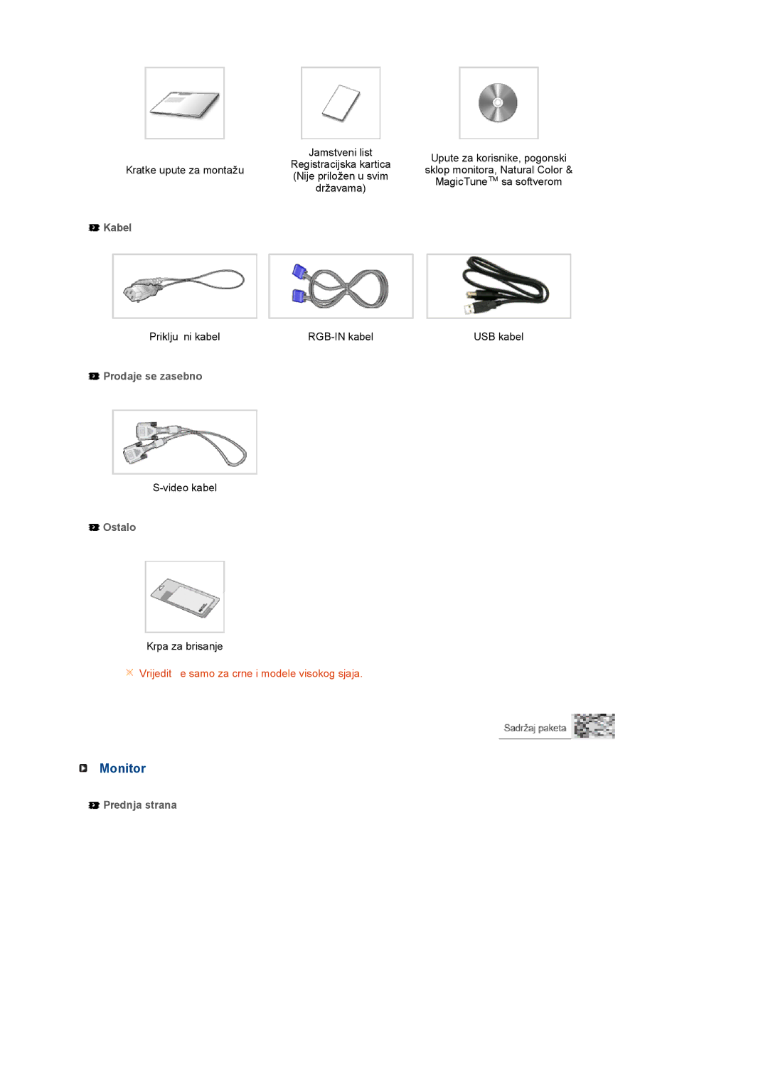 Samsung LS22UCWSFV/EDC manual Monitor, Kabel, Prodaje se zasebno, Ostalo, Prednja strana 