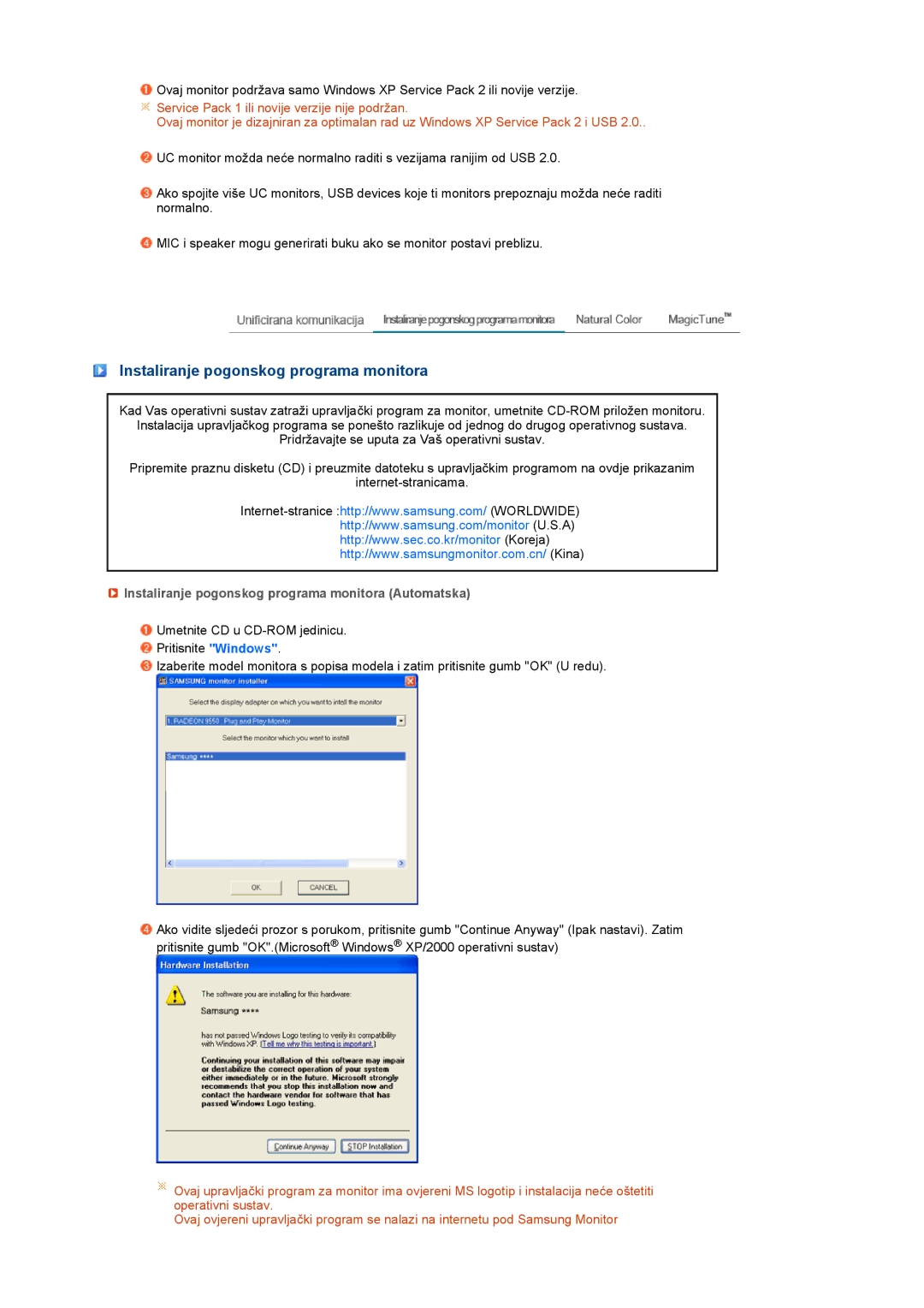 Samsung LS22UCWSFV/EDC manual Instaliranje pogonskog programa monitora Automatska 