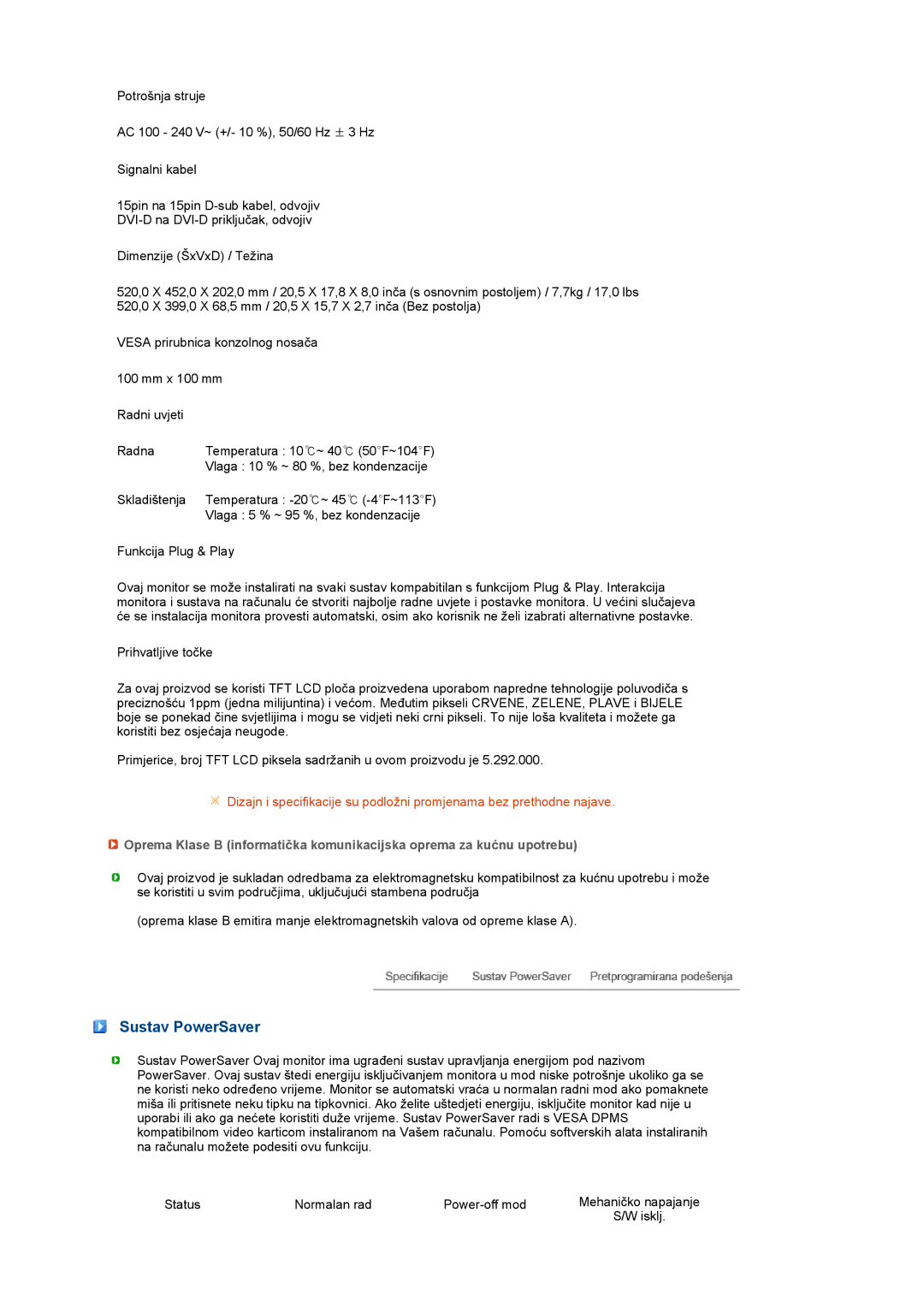 Samsung LS22UCWSFV/EDC manual Sustav PowerSaver 