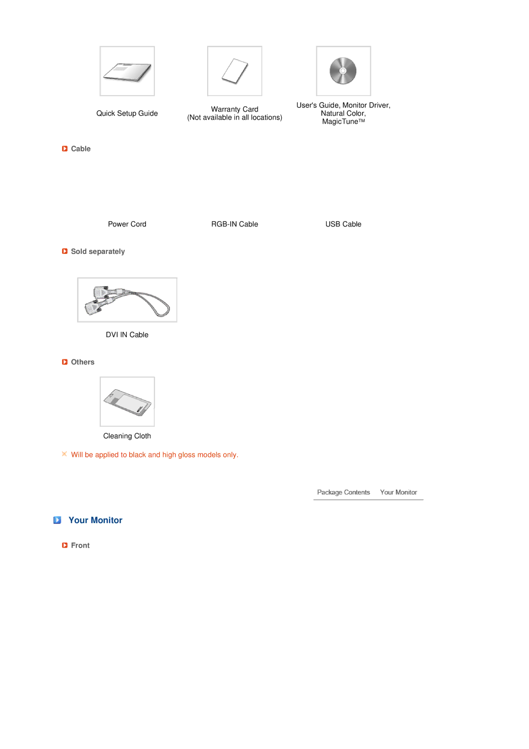 Samsung LS22UCWSFVBEDC, LS22UCWSFV/XSJ, LS22UCWSFV/EDC manual Your Monitor, Cable, Sold separately, Others, Front 