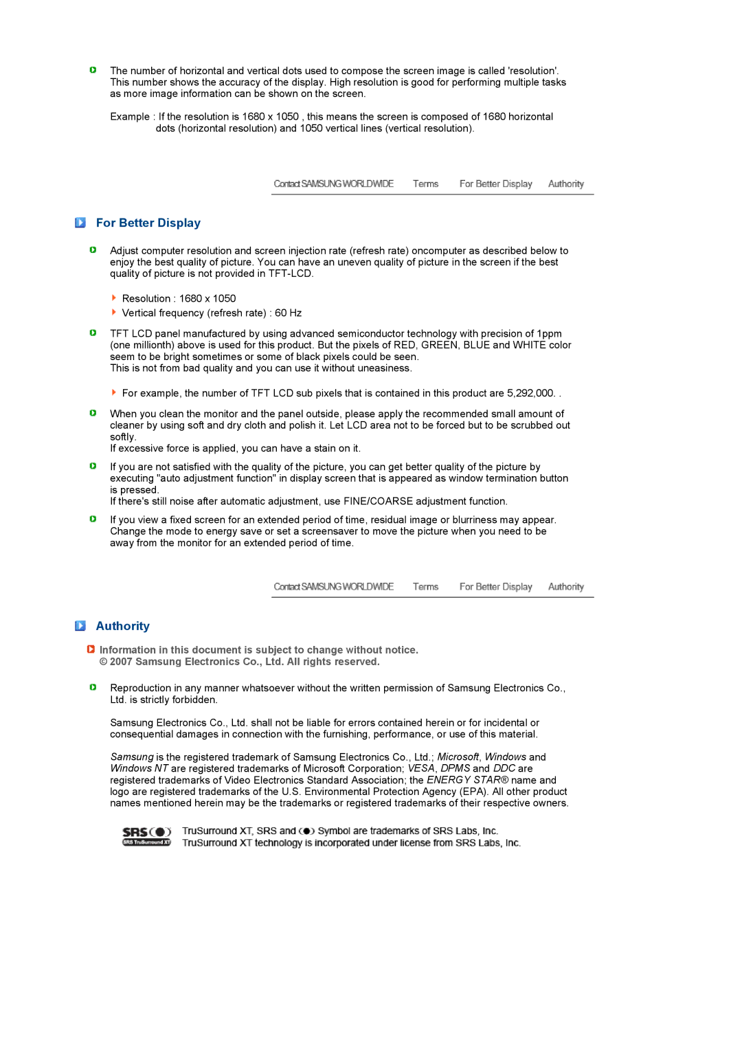 Samsung LS22UCWSFVBEDC, LS22UCWSFV/XSJ, LS22UCWSFV/EDC manual For Better Display, Authority 